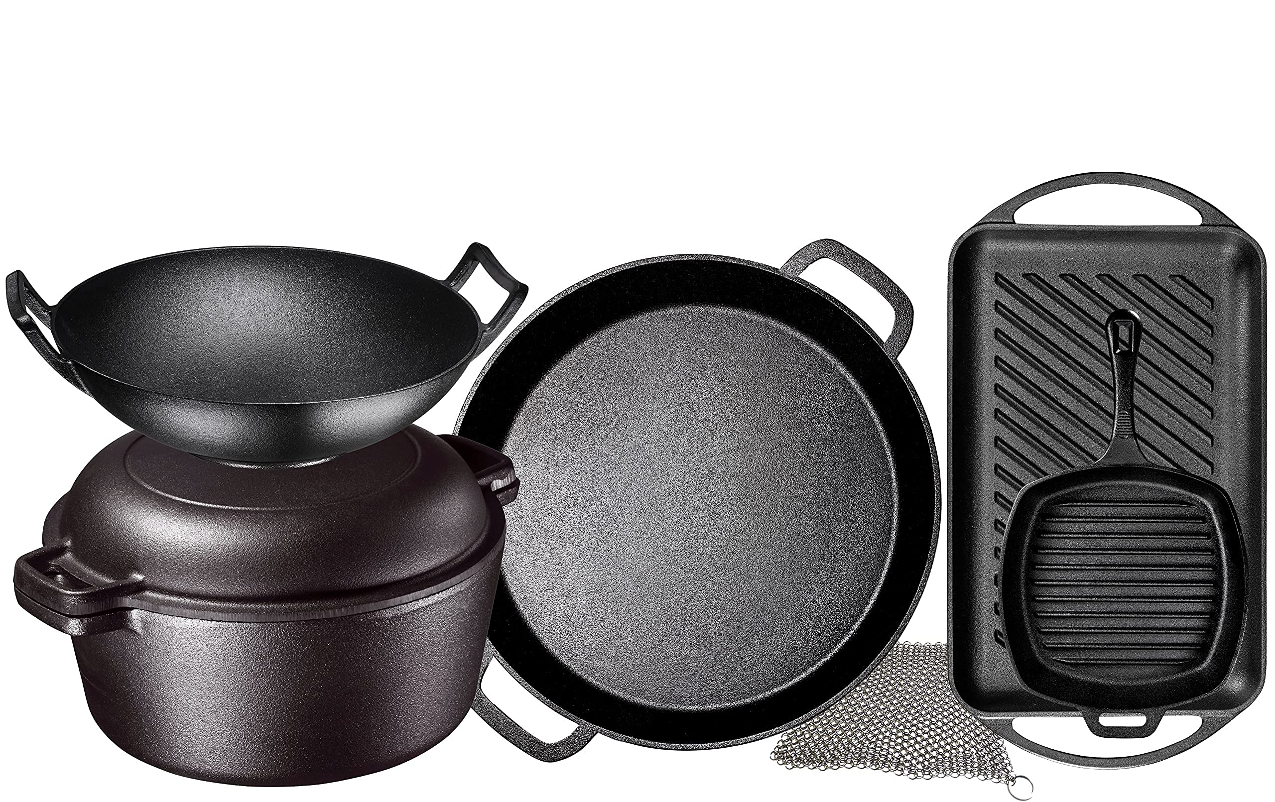 Premium 7-Piece Pre-Seasoned Cast Iron Cookware Set – Double Dutch Oven, Rectangular Grill Pan, Wok, Large Skillet, Square Grill Pan & Chainmail Scrubber – Perfect for Camping, Outdoor Cooking & Home Kitchen Use