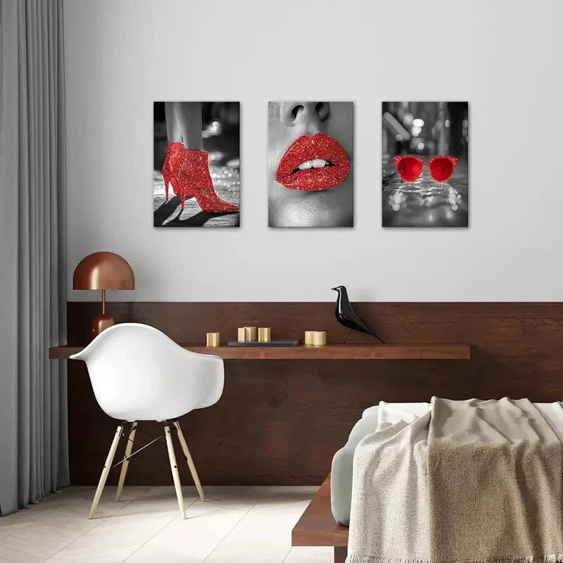 3PCS Red Lips Fashion High Heels Metal Print Wall Art - Ready to Hang Home Decor for Living Room, Bedroom & Office