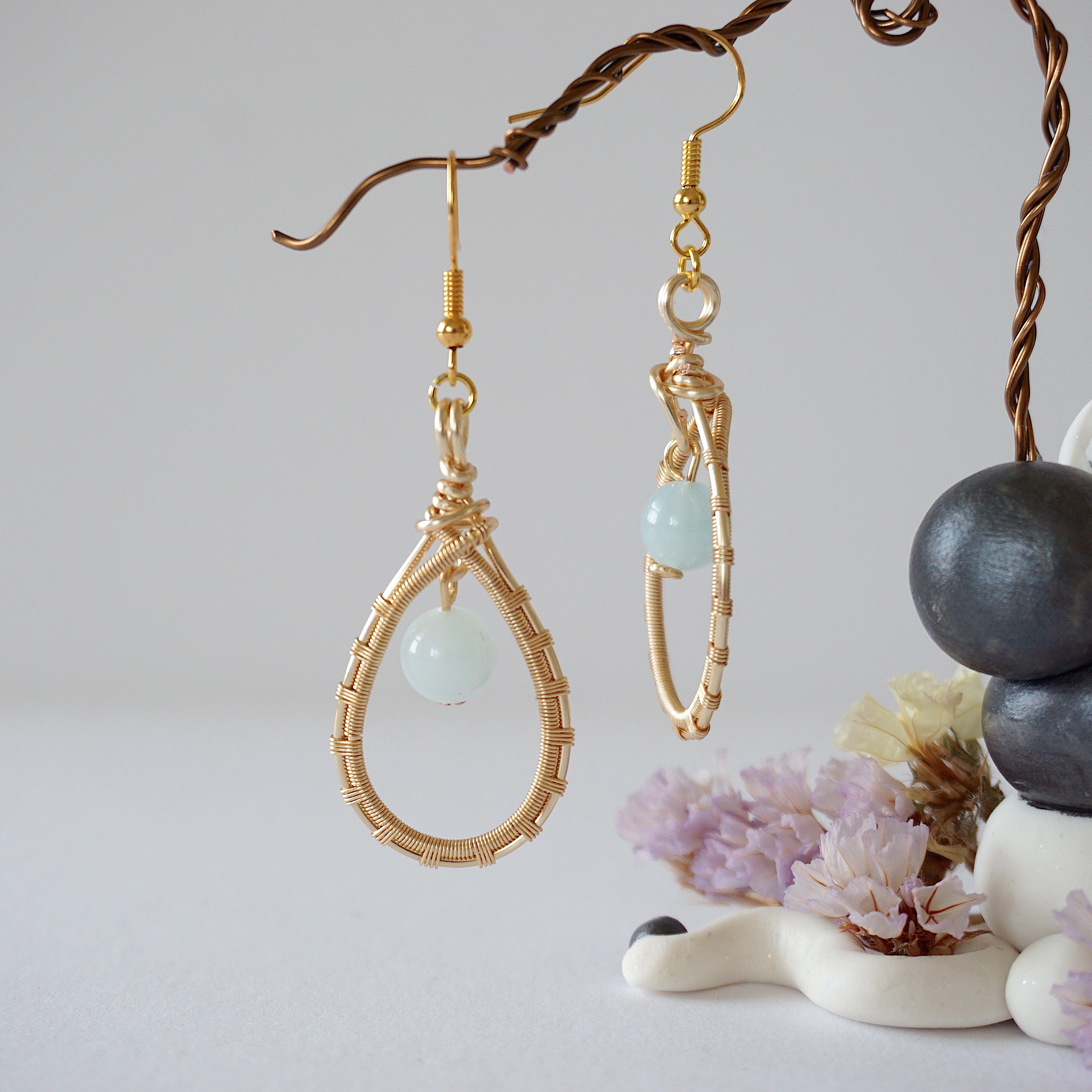 Aquamarine Round Wire Earrings - Gold Plated Sterling Silver Dangle Earrings for Women | Elegant Jewelry Gift for Birthday, Wedding & Everyday Wear