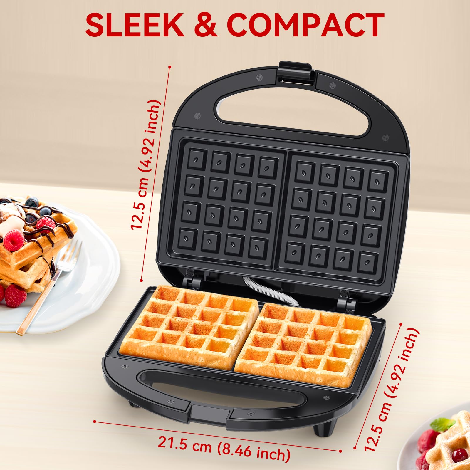 Non-Stick Belgian Waffle Maker - 2 Slice Waffle Iron with Indicator Lights, 750W, PFOA Free - Perfect for Breakfast, Brunch & Snacks - Ideal for Home, Office & Camping Use
