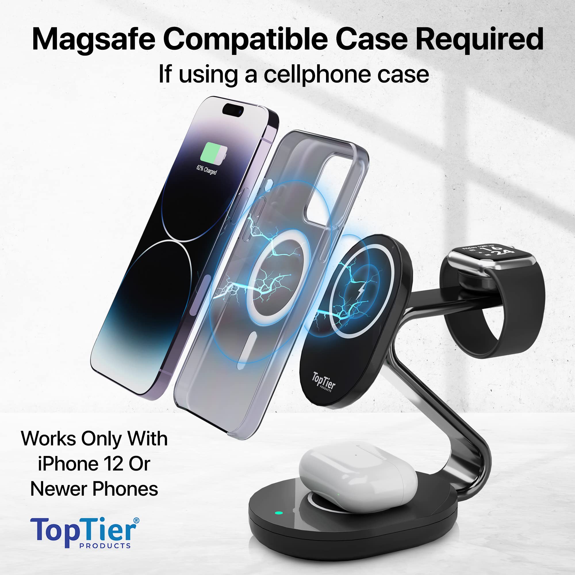 TopTier 3-in-1 MagSafe Charging Station - 20W Fast Wireless Charger with 15W iPhone Max Charging | MFI Certified | Sleek Metal Design (Black) - Perfect for Home, Office & Travel Charging Solutions