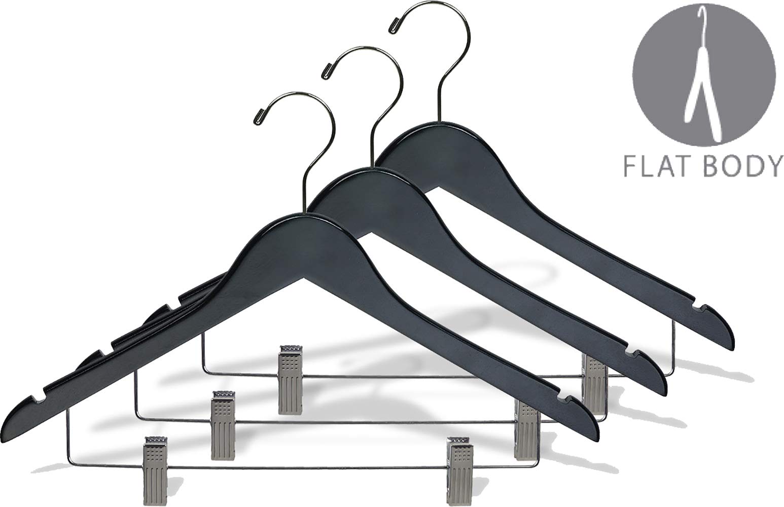 Premium Black Rubberized Wooden Combo Hangers with Adjustable Cushion Clips - Flat Rubber Coated Clothes Hangers with Chrome Swivel Hook & Notches (50-Pack) by The Great American Hanger Company - Ideal for Closet Organization, Retail Stores & Delicate Garment Care