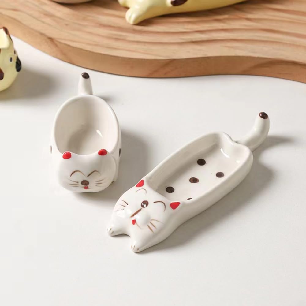 4-Piece Cartoon Sauce Dishes - Ceramic Chopstick Holder for Kitchen (White & Kitten) - Perfect for Sushi & Dumplings