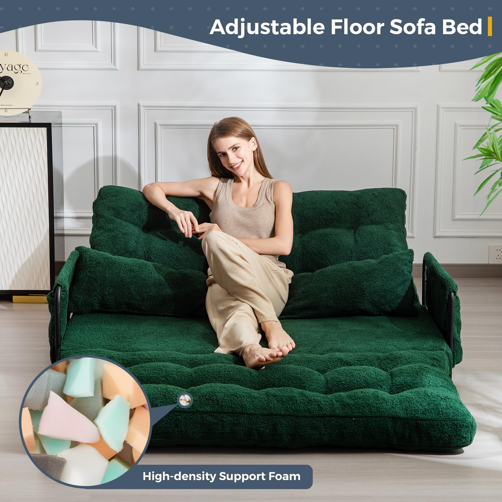 MAXYOYO Adjustable Floor Sofa Couch with 2 Pillows - Boucle Convertible Lazy Sofa Sleeper Bed with Armrest - Double Size Green Sectional for Living Room, Bedroom & Small Spaces