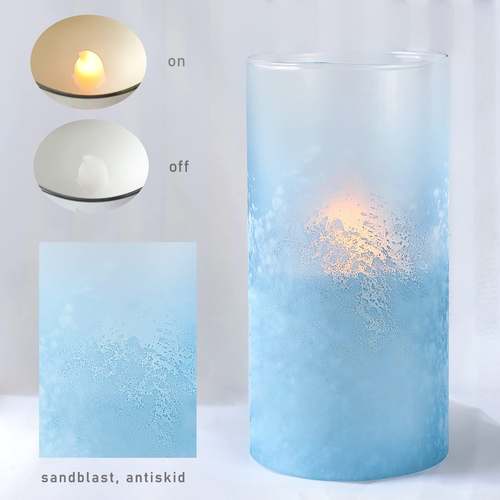Blue Glass Flameless LED Candles with Sandblast Design - Battery Operated with Remote & Timer - Perfect for Coastal, Birthday, Home, Bathroom, Nautical & Beach Decor - Romantic Ambiance for Weddings, Dinners & Relaxing Baths