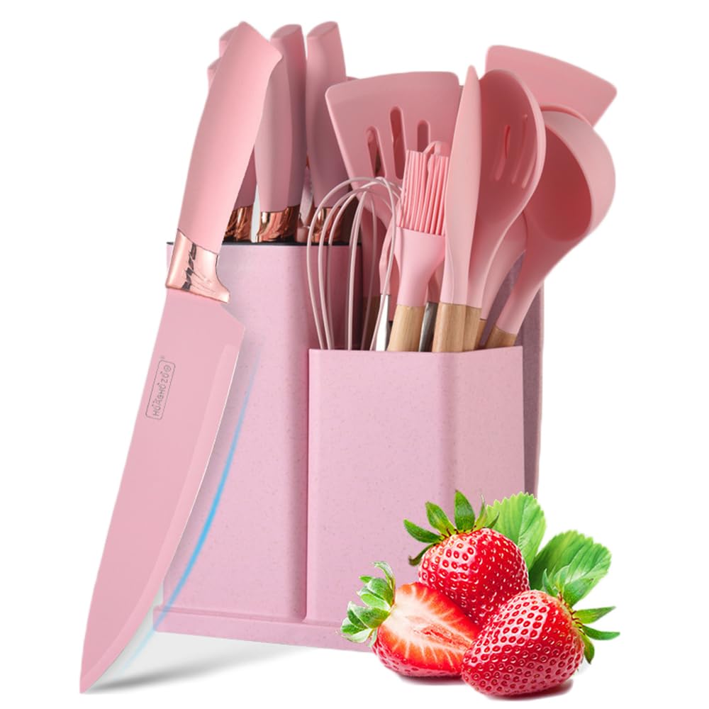 19-Piece Silicone Cooking Utensil Set with Wooden Handle - Non-Stick Heat Resistant Kitchen Tools for Baking & Cooking (Pink)