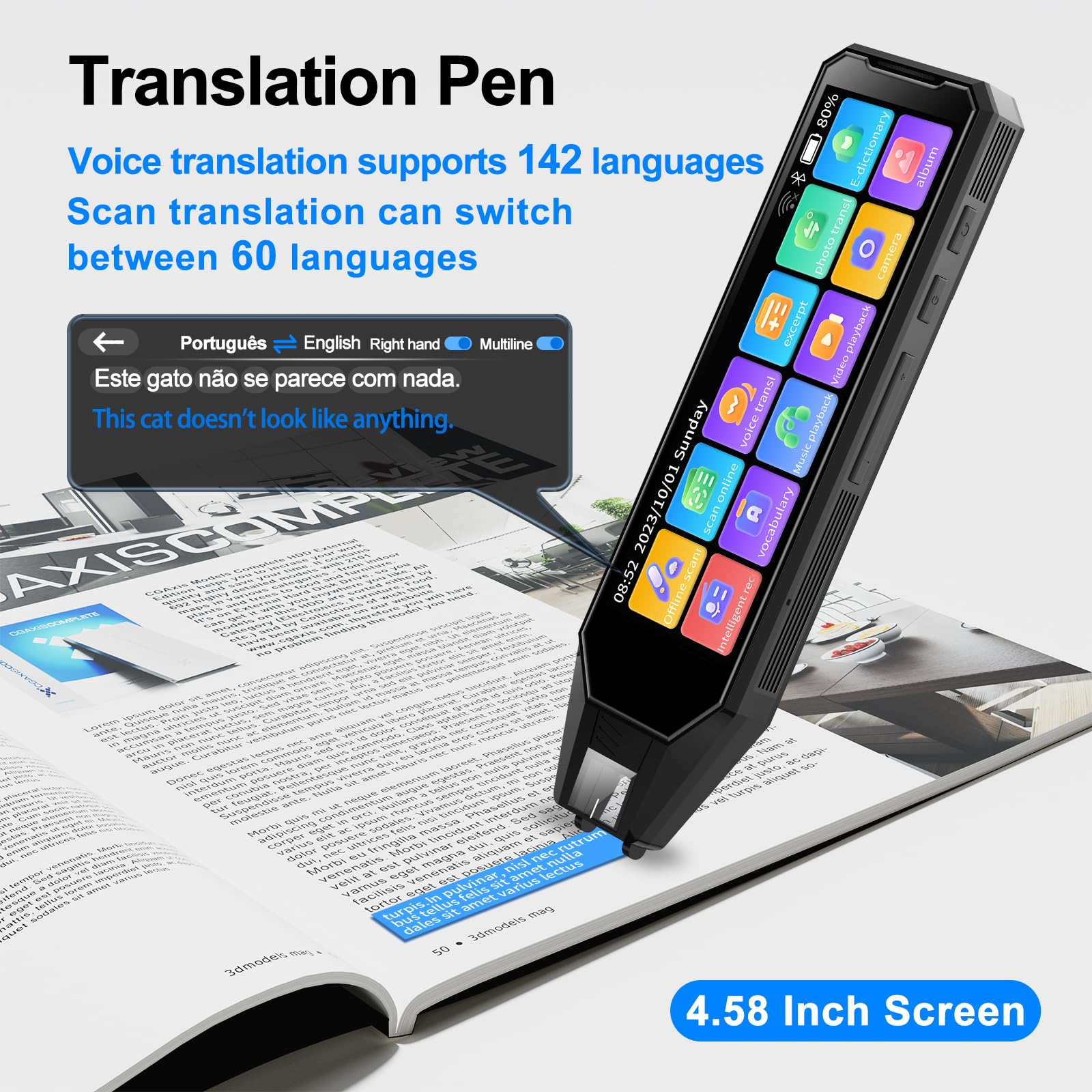 Multilingual Language Translator Pen - 142 Languages Real-Time Two-Way Translation Device with 4.58