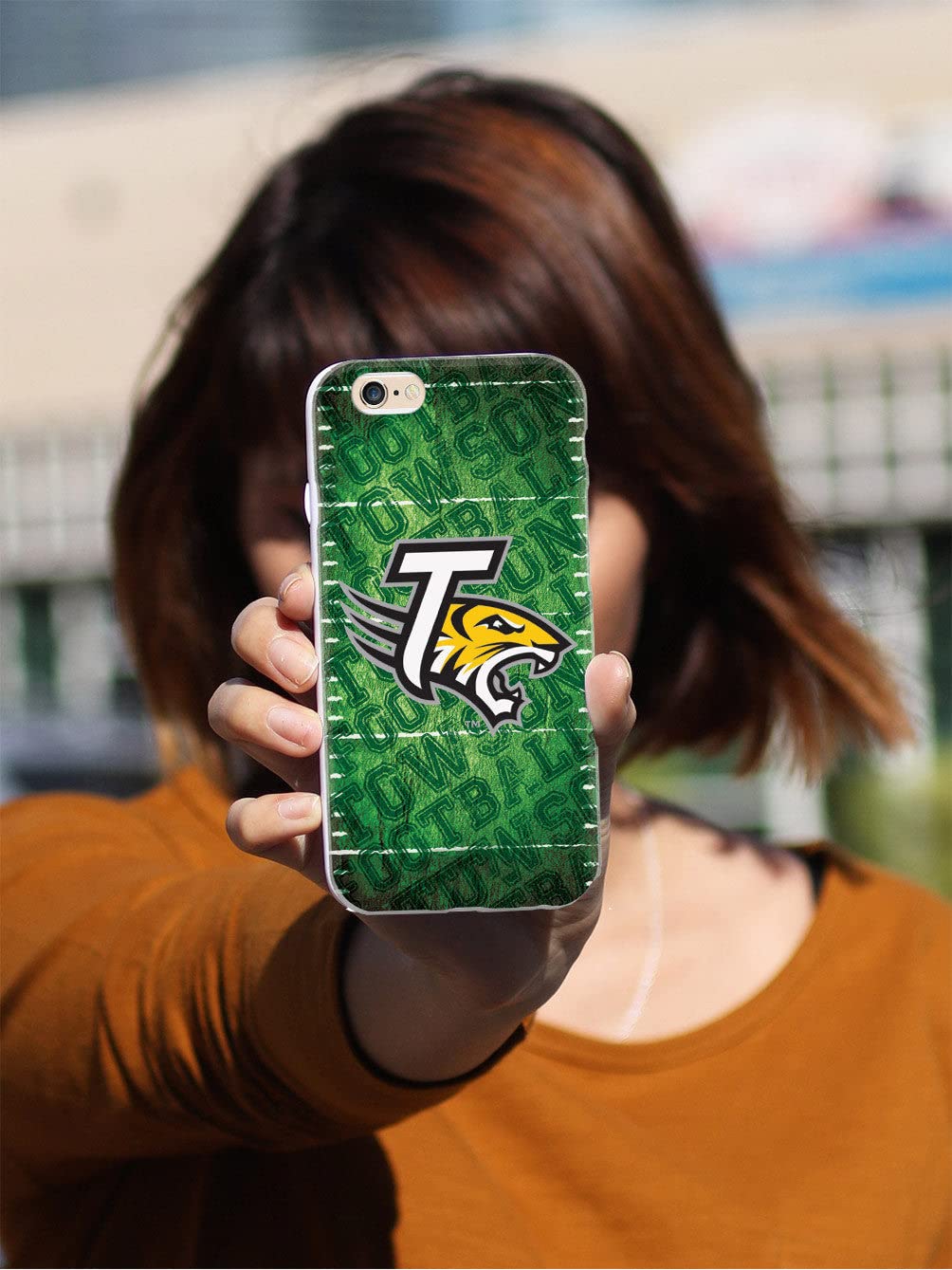 3D Textured iPhone 15 Pro Max Case - Shockproof Rubber Bumper Cover - Protective Phone Case for Apple iPhone 15 Pro Max - Towson University Tigers Football Design - Perfect for Sports Fans and School Spirit