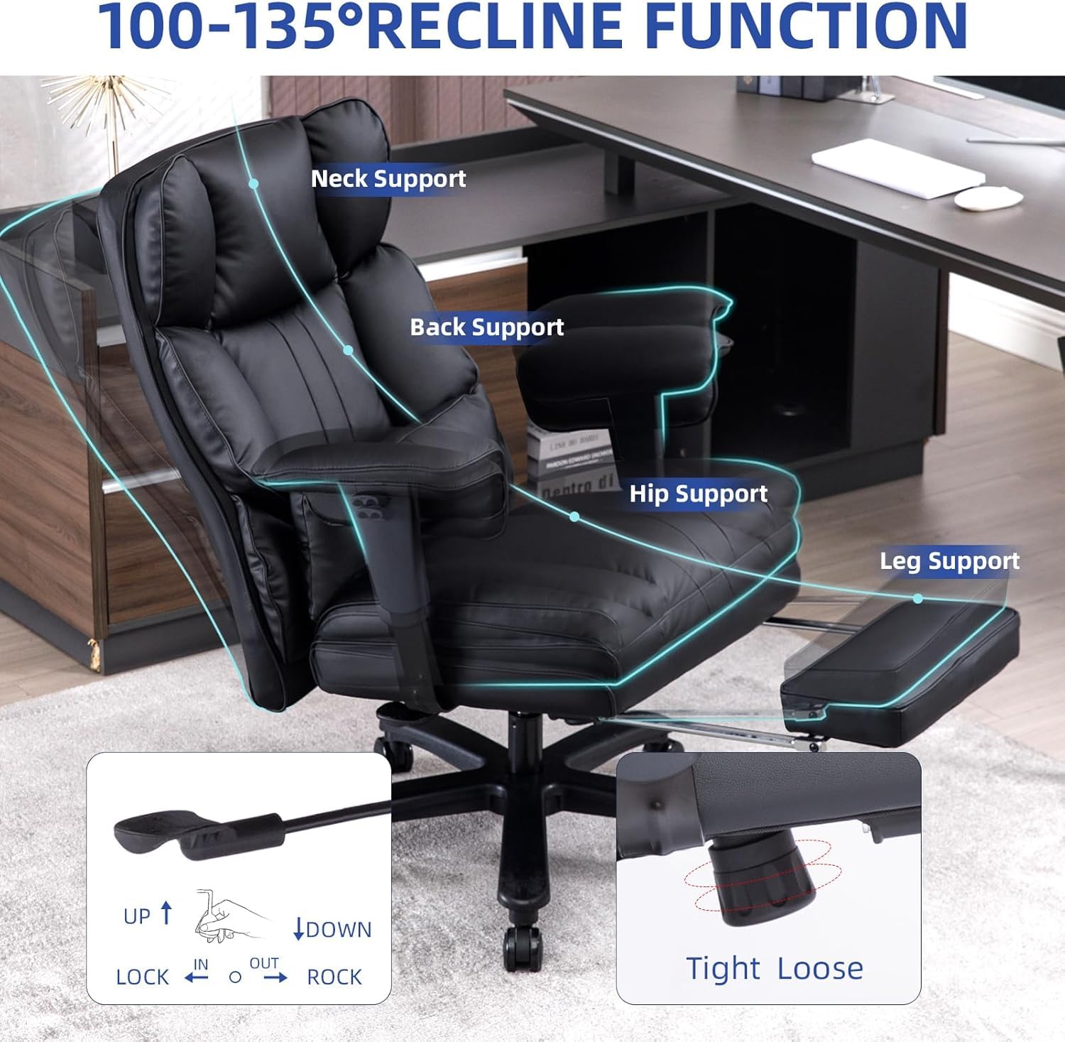 Big and Tall Office Chair for Heavy People - 500lbs Capacity, Wide Seat Executive Desk Chair with High Back, Foot Rest & Ergonomic Lumbar Support - Premium Computer Task Chair for Large Men (Black) - Perfect for Home Office, Gaming Setup, and Long Work Sessions