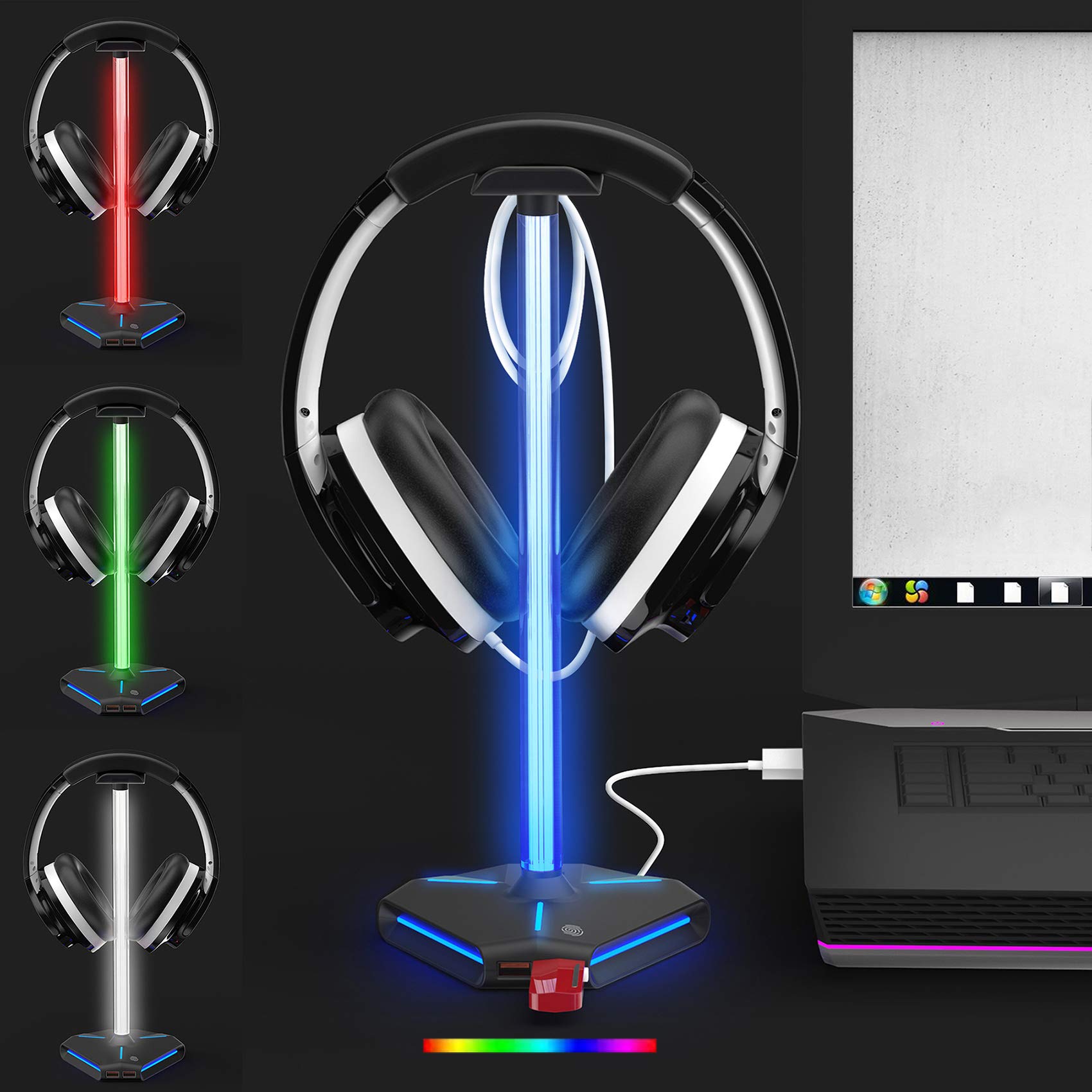 RGB Gaming Headphone Stand with 2 USB 2.0 & Type-C Ports - LED Headset Holder Hanger with Charging Station - PC Gaming Accessories for Desk Setup (Perfect for Gamers, Streamers & Home Office)