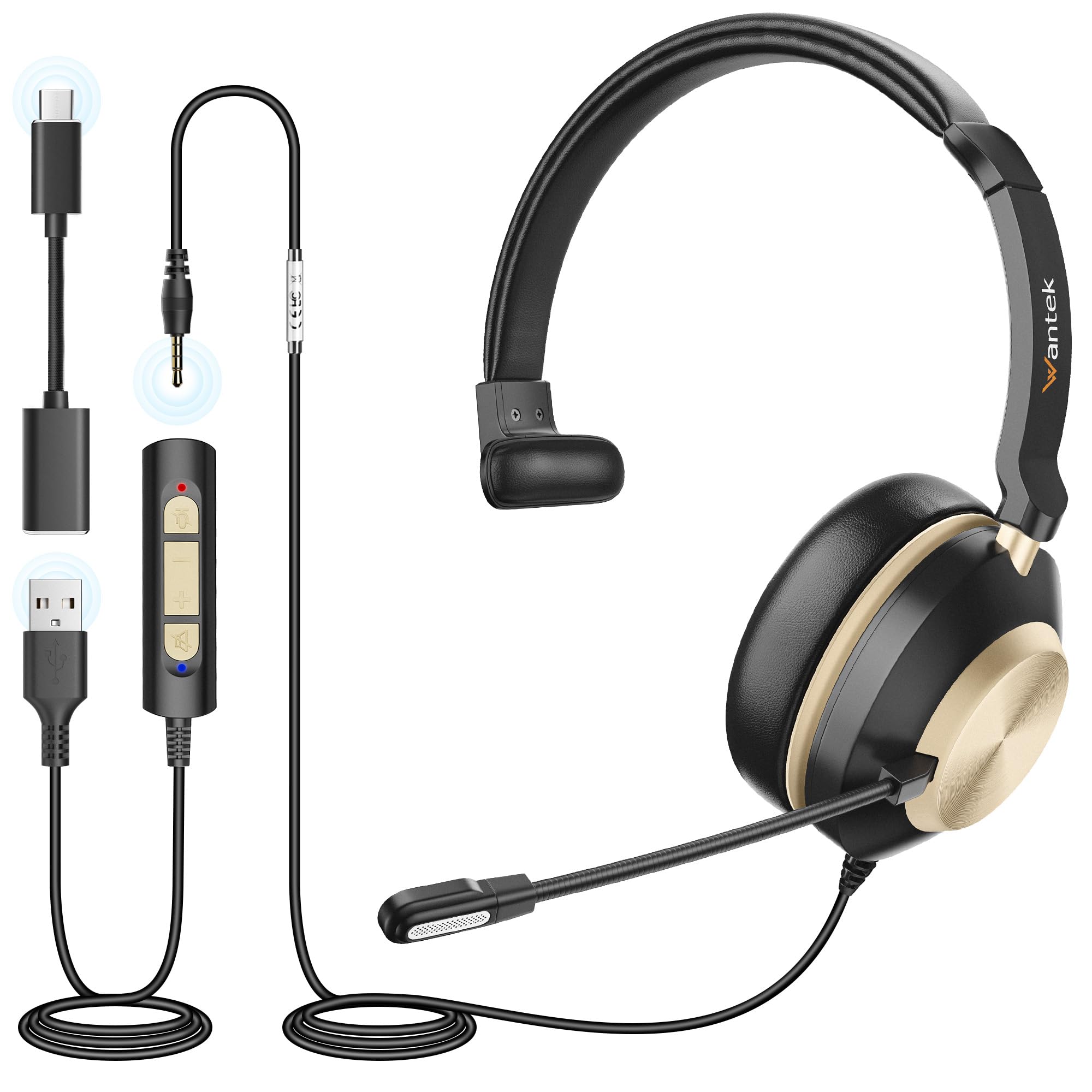 Wantek USB Headset with Noise Cancelling Microphone - 3-in-1 Type C/USB/3.5mm Jack Single Ear Headset with Volume Control - Perfect for Call Centers, Skype, Zoom Meetings, Office & Remote Work