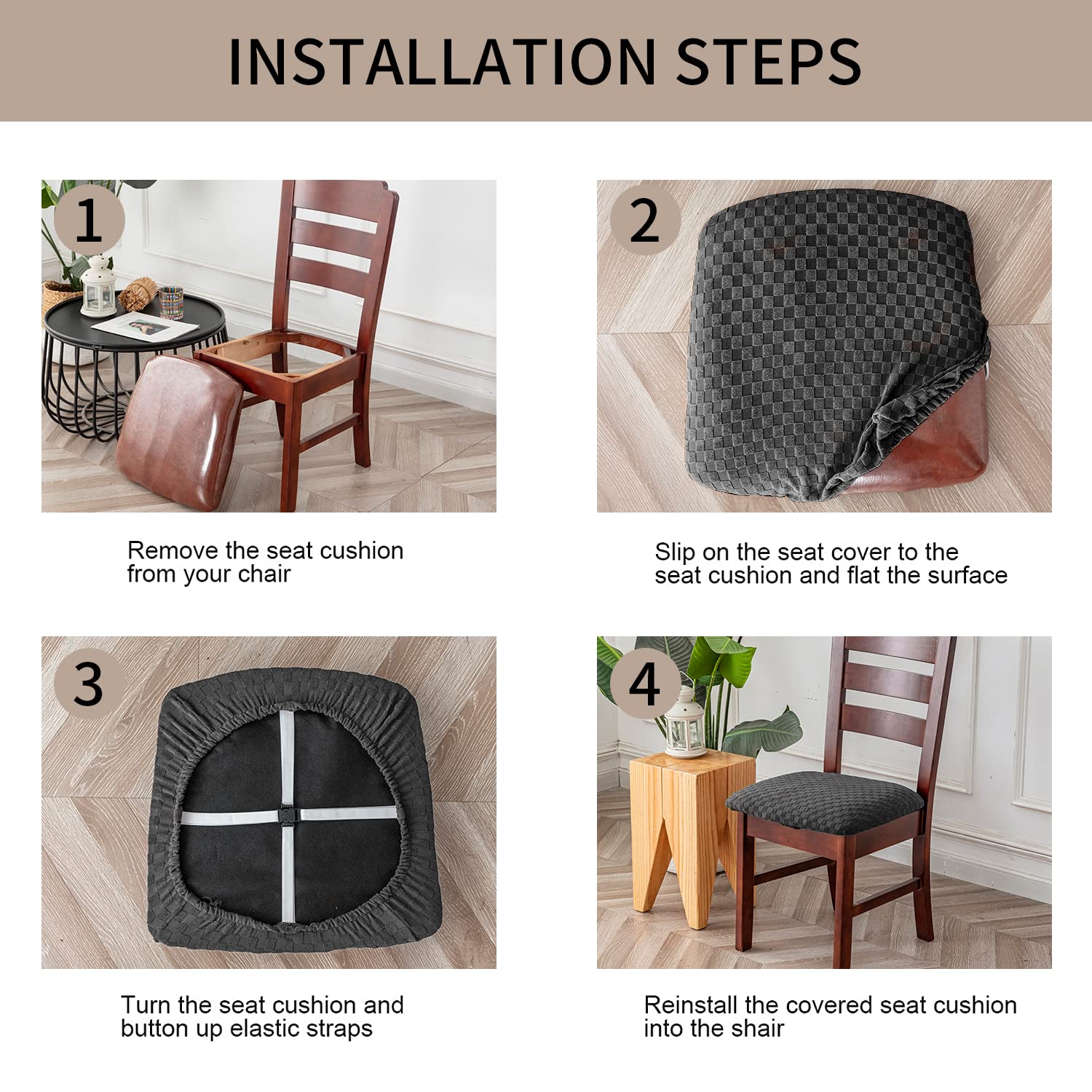 Waterproof Jacquard Dining Room Chair Covers - Set of 6 Dark Grey Washable Seat Protectors for Kitchen & Dining Chairs - Perfect for Family Meals, Parties & Spill Protection