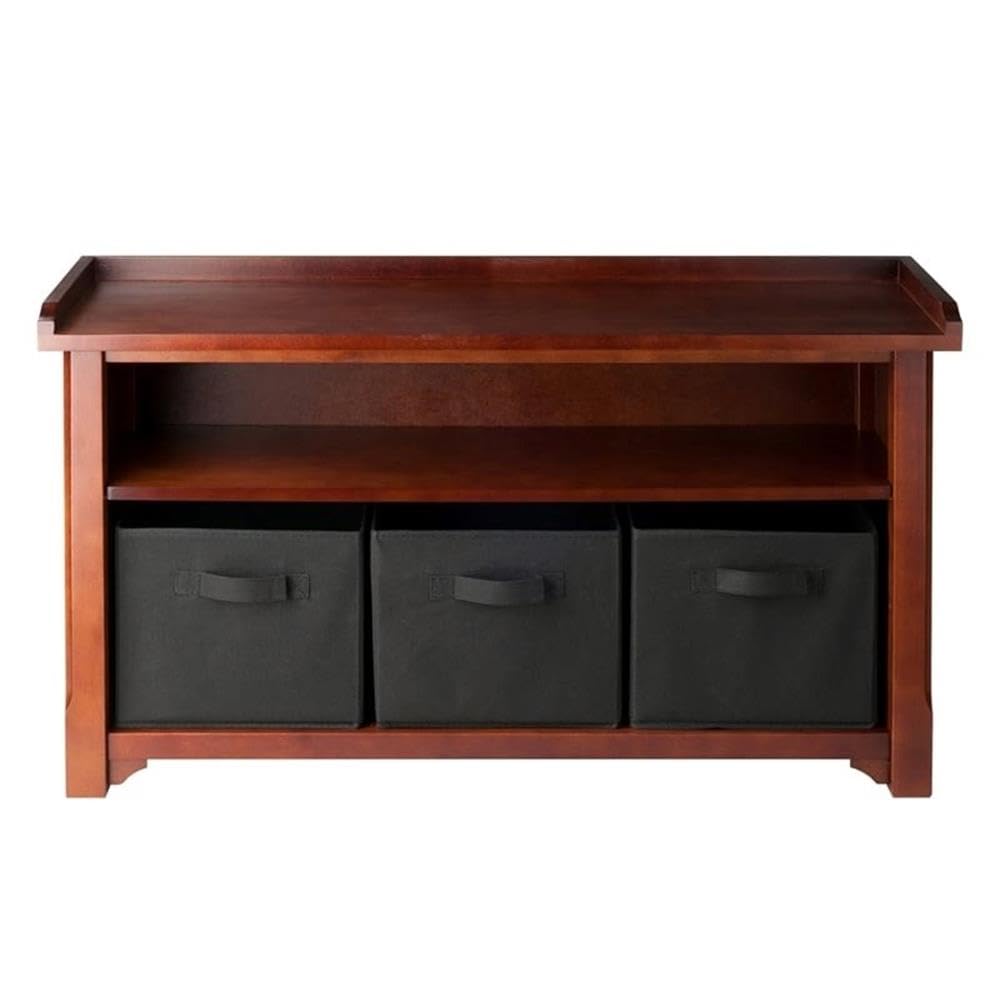 Pemberly Row Solid Wood Storage Bench with 3 Foldable Baskets - Walnut/Black - Entryway, Living Room, Bedroom Organizer - Perfect for Shoes, Blankets & Toys Storage