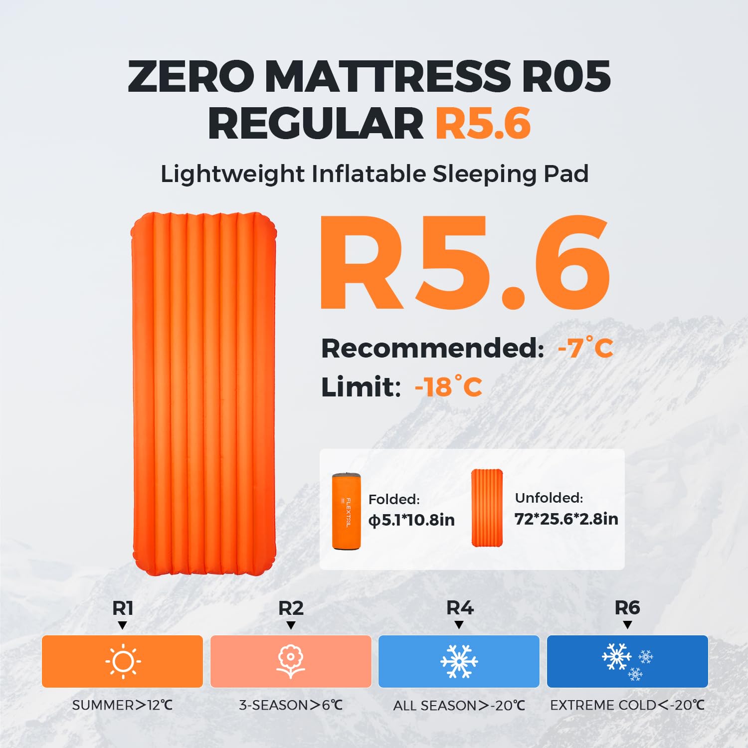 FLEXTAILGEAR Inflatable Sleeping Pad with 5R Value - Ultralight 2.8 Inch Camping Air Mattress for Backpacking, Hiking & Travel | 4 Season Compact Sleeping Pad for Tents, Camping & Outdoor Adventures