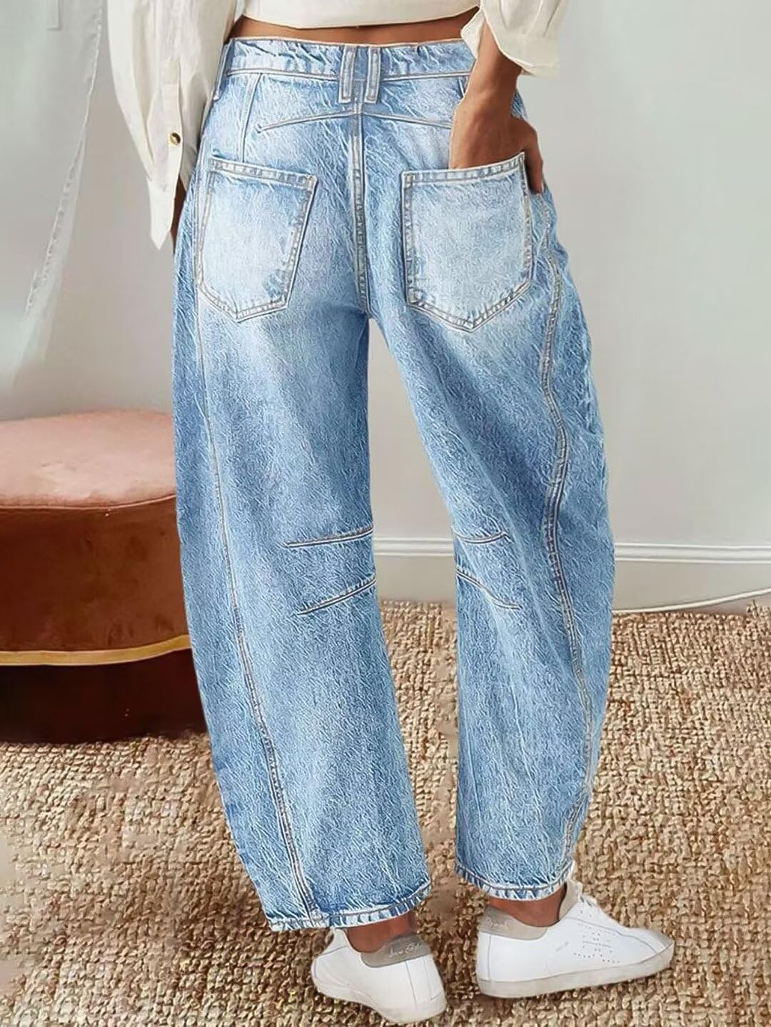 Flamingals Women's Wide Leg Mid Waist Barrel Jeans - Light Blue Denim Pants | Casual Cropped Baggy Jeans for Everyday Wear, Street Style & Weekend Outfits (Size M)
