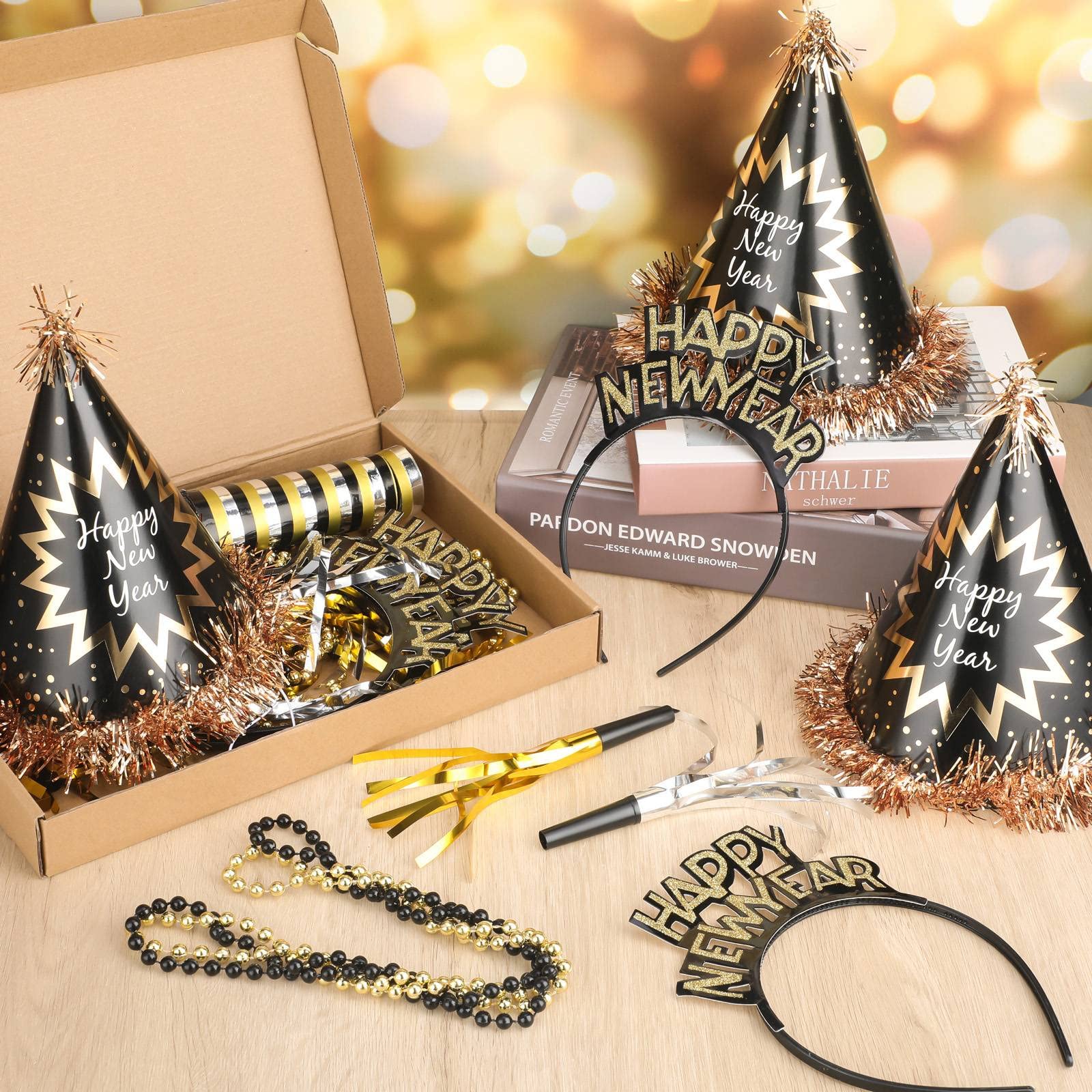 52 Pieces New Year's Party Supplies Kit 2025 for 16 Guests - Includes Happy New Year Headbands, Tassel Cone Hats, Plastic Necklaces & Foil Party Favors - Perfect for NYE Celebrations, Countdown Parties & Holiday Gatherings