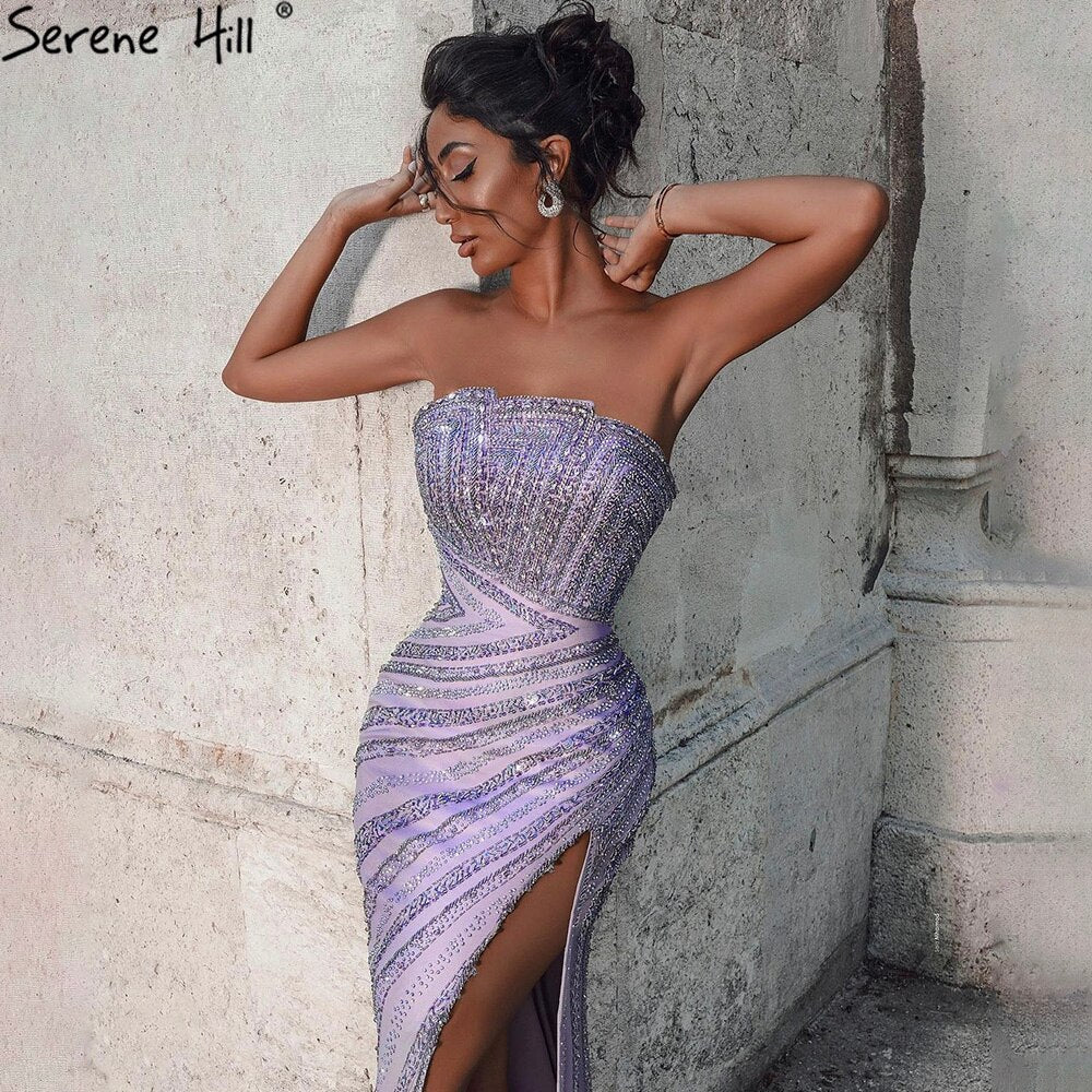 Elegant Beaded Lilac High-Split Mermaid Evening Gown for Women - Luxury Party Dress 2025 - Perfect for Prom, Gala & Formal Events