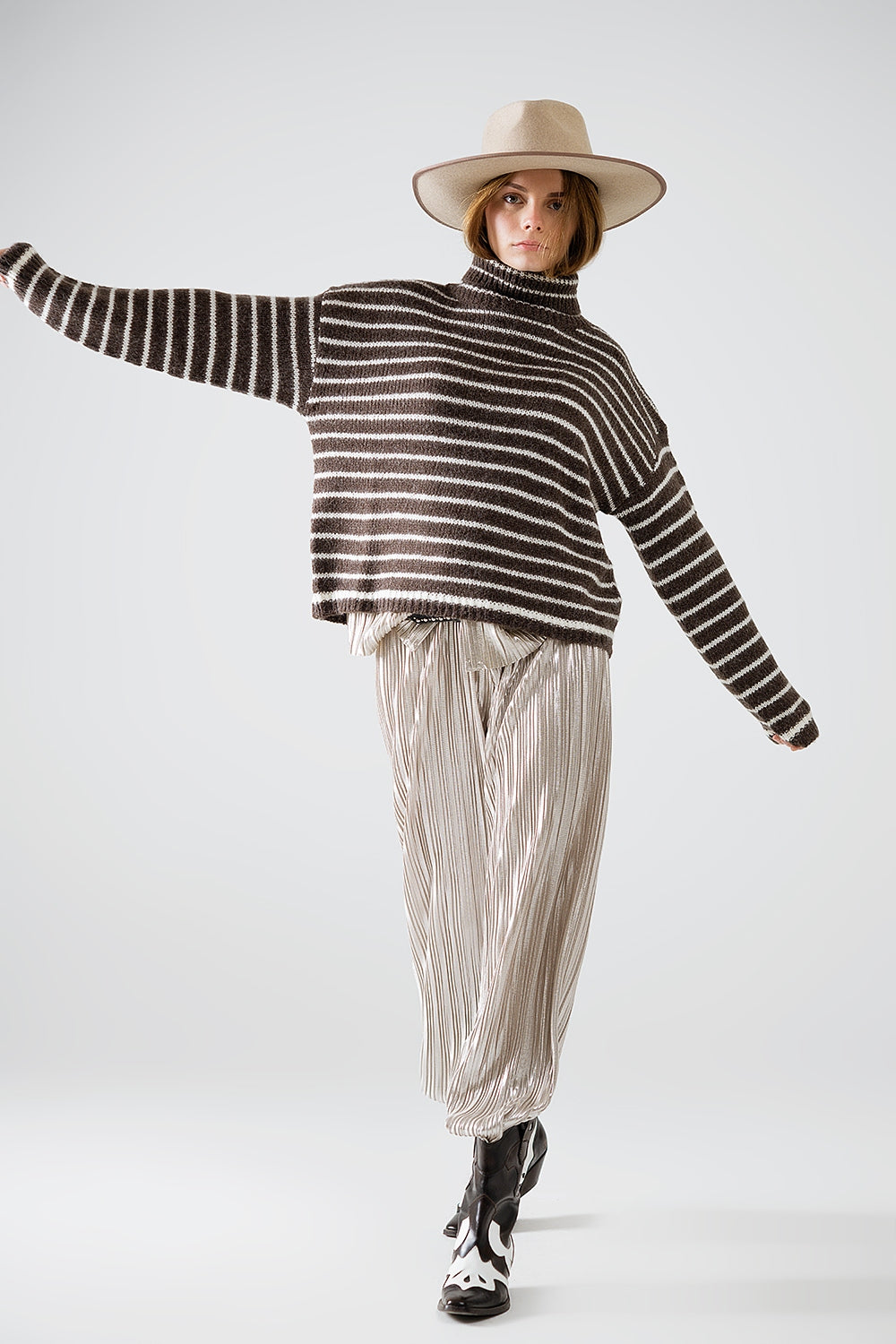 Brown Striped Roll Neck Soft Knit Pullover Sweater for Women - Cozy Winter Wear & Casual Outfits