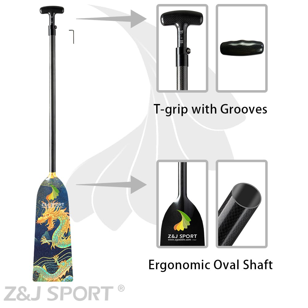 Z&J SPORT IDBF Approved Carbon Fiber Adjustable Dragon Boat Paddle with Dragon Graphic & T-Handle - Professional Racing Equipment for Dragon Boat Competitions & Team Training