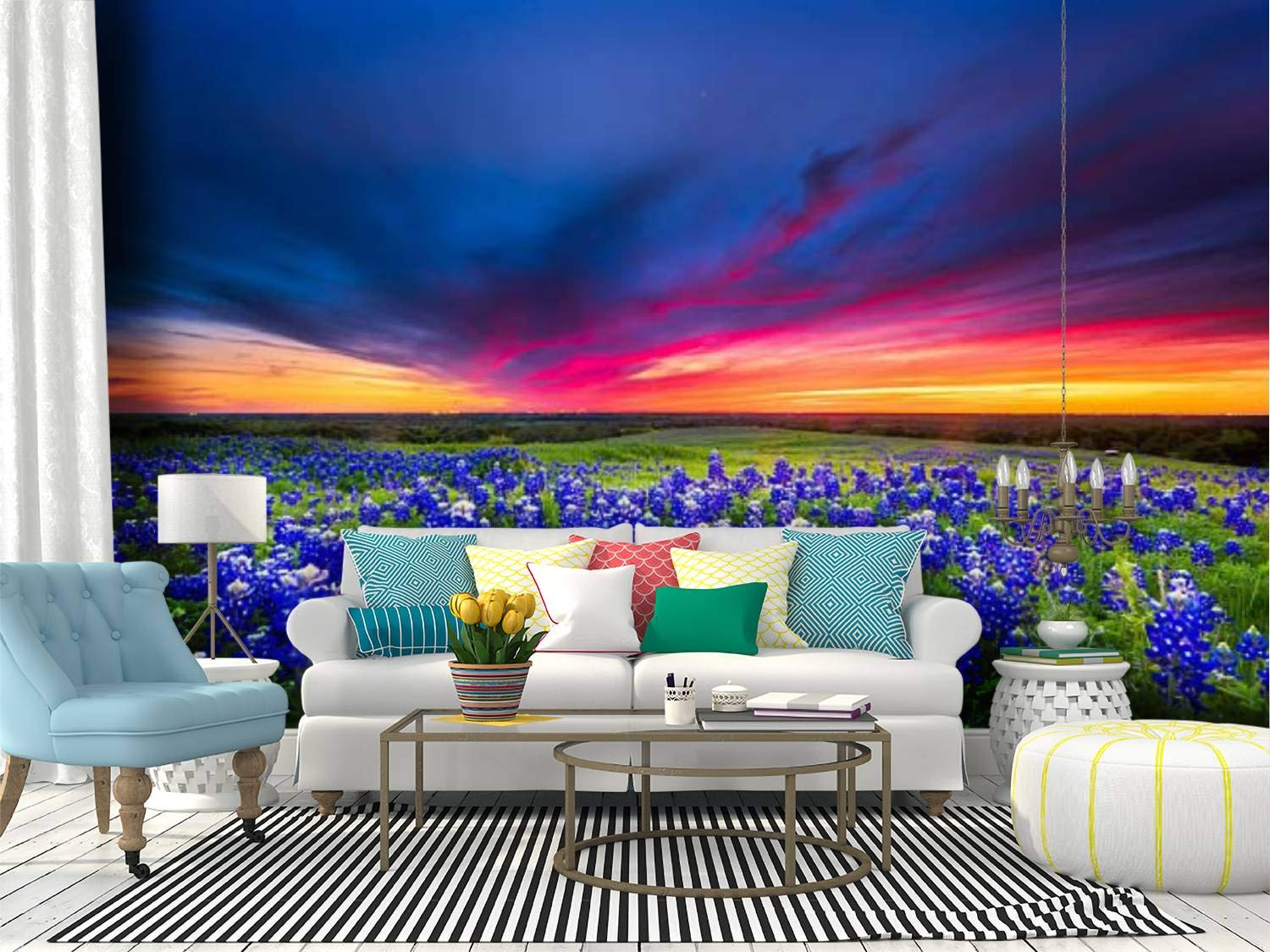 Blue Flower Field Wall Mural - Peel and Stick Self-Adhesive Wallpaper | Ennis Texas Sugar Ridge Road Inspired | Removable Vinyl Film for Home Decor | Perfect for Living Rooms, Bedrooms & Nursery Walls