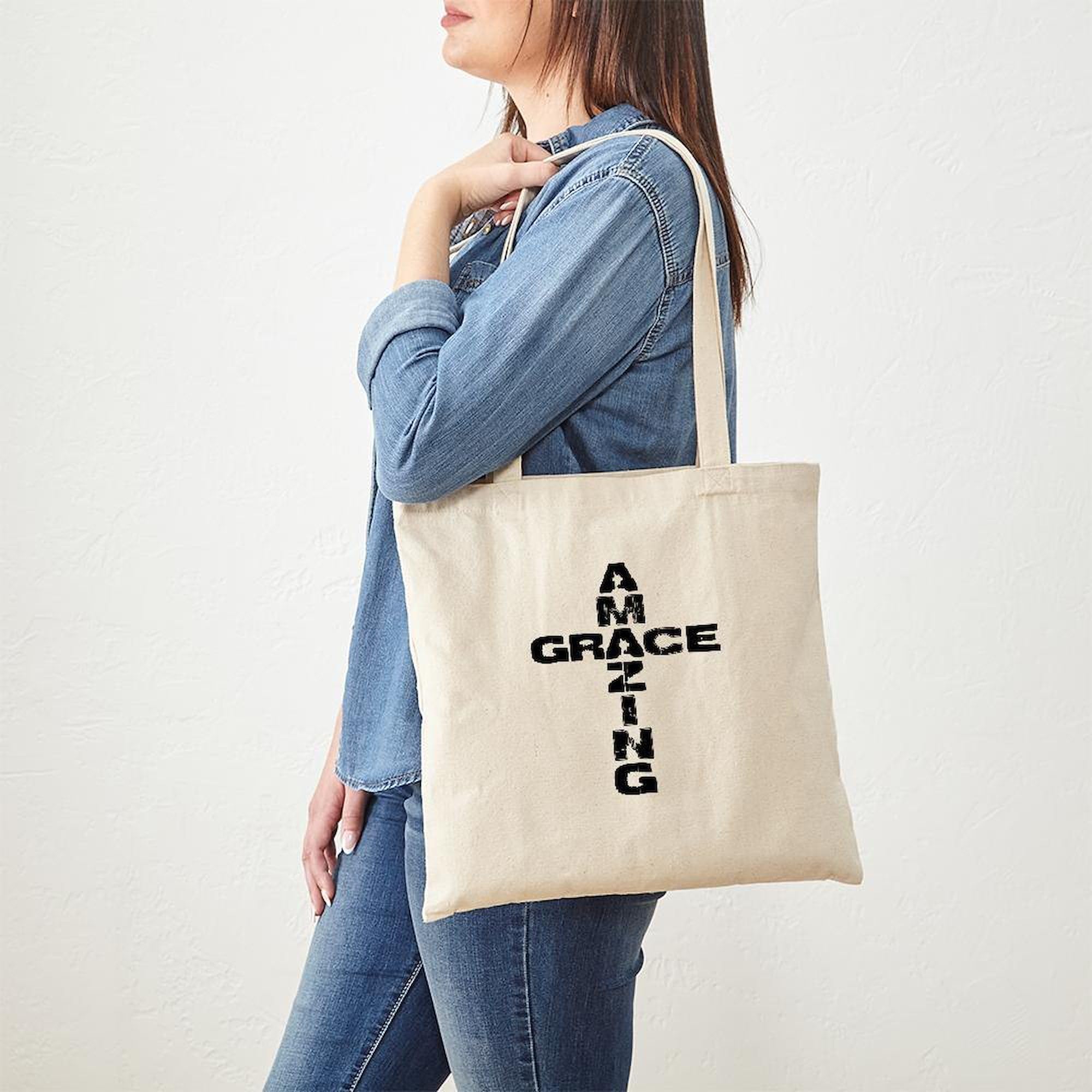 Amazing Grace Tote Bag - Natural Canvas Reusable Shopping Bag for Groceries, Beach & Everyday Use | Eco-Friendly Cotton Tote with Inspirational Design