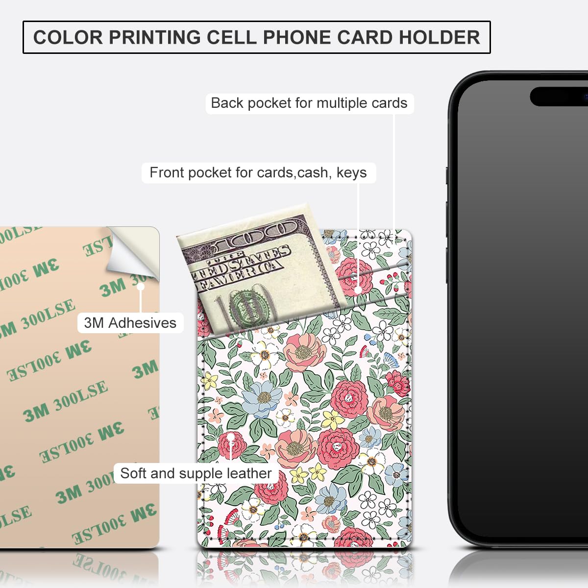 Leather Card Holder for Phone Case - Dual Pocket Stick-On Wallet for iPhone & Android - Small Flower Design - Perfect for Travel, Shopping & Everyday Use