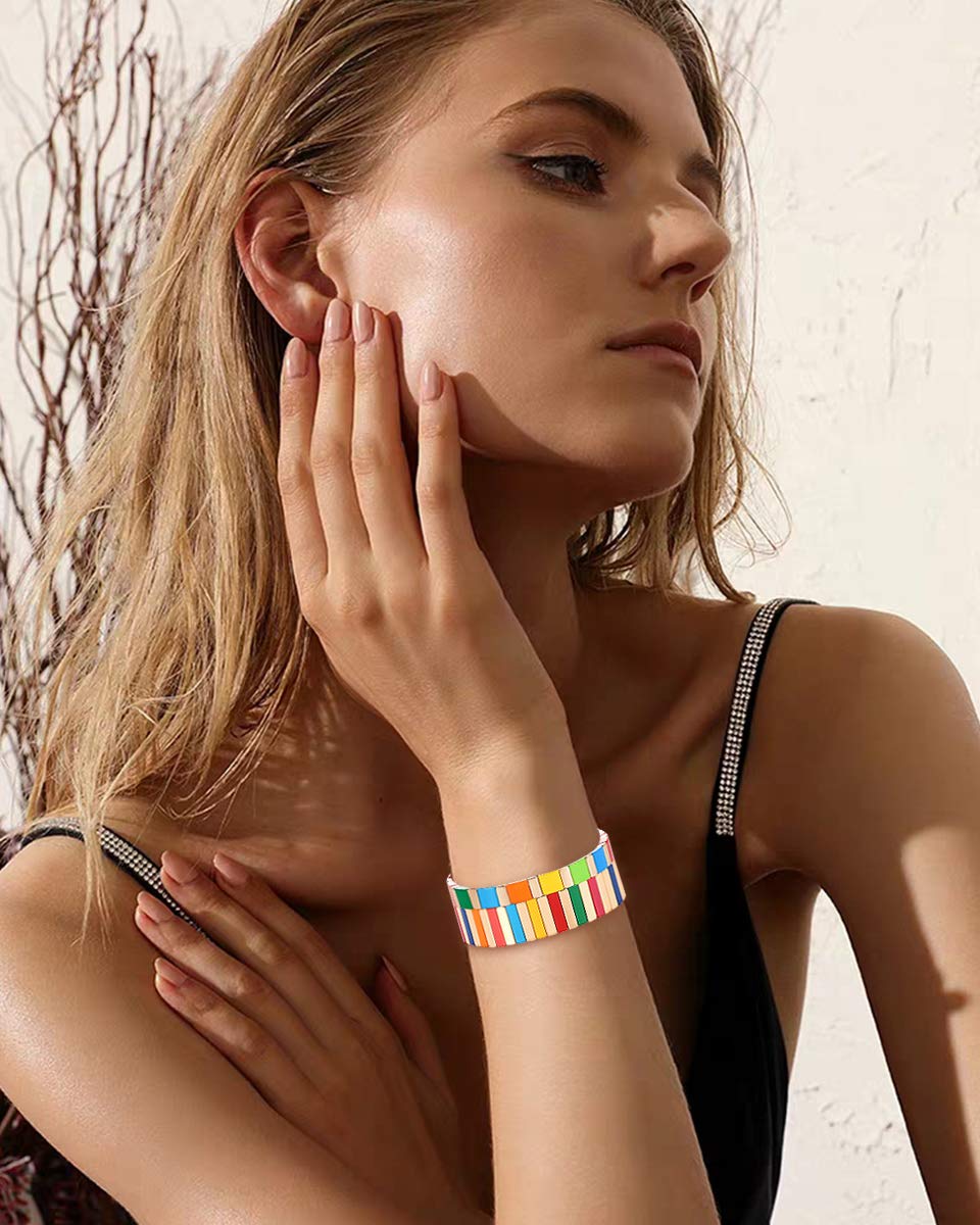 Rainbow Enamel Tile Bead Stretch Bracelets Set - Colorful Elastic Stackable Boho Bracelets for Women & Men | Handmade Layering Bracelets for Casual Wear, Festivals & Gifts
