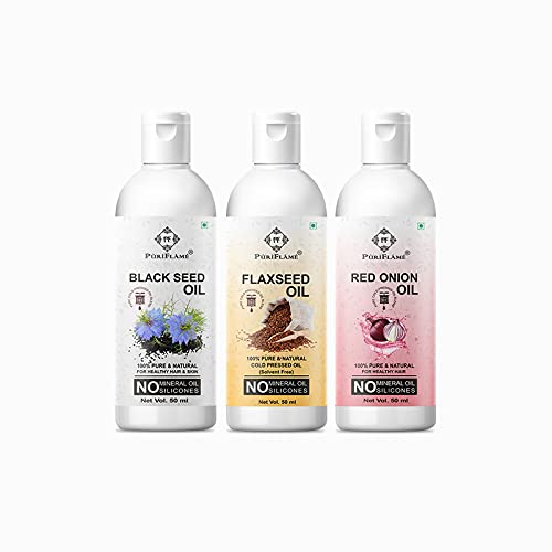 **PuriFlame 100% Pure Blackseed Oil, Flaxseed Oil & Red Onion Oil Combo (50ML Each) – Promotes Rapid Hair Growth, Reduces Hair Fall & Split Ends for Softer, Shinier Hair – Pack of 3 – Perfect for Daily Hair Care & Scalp Nourishment**