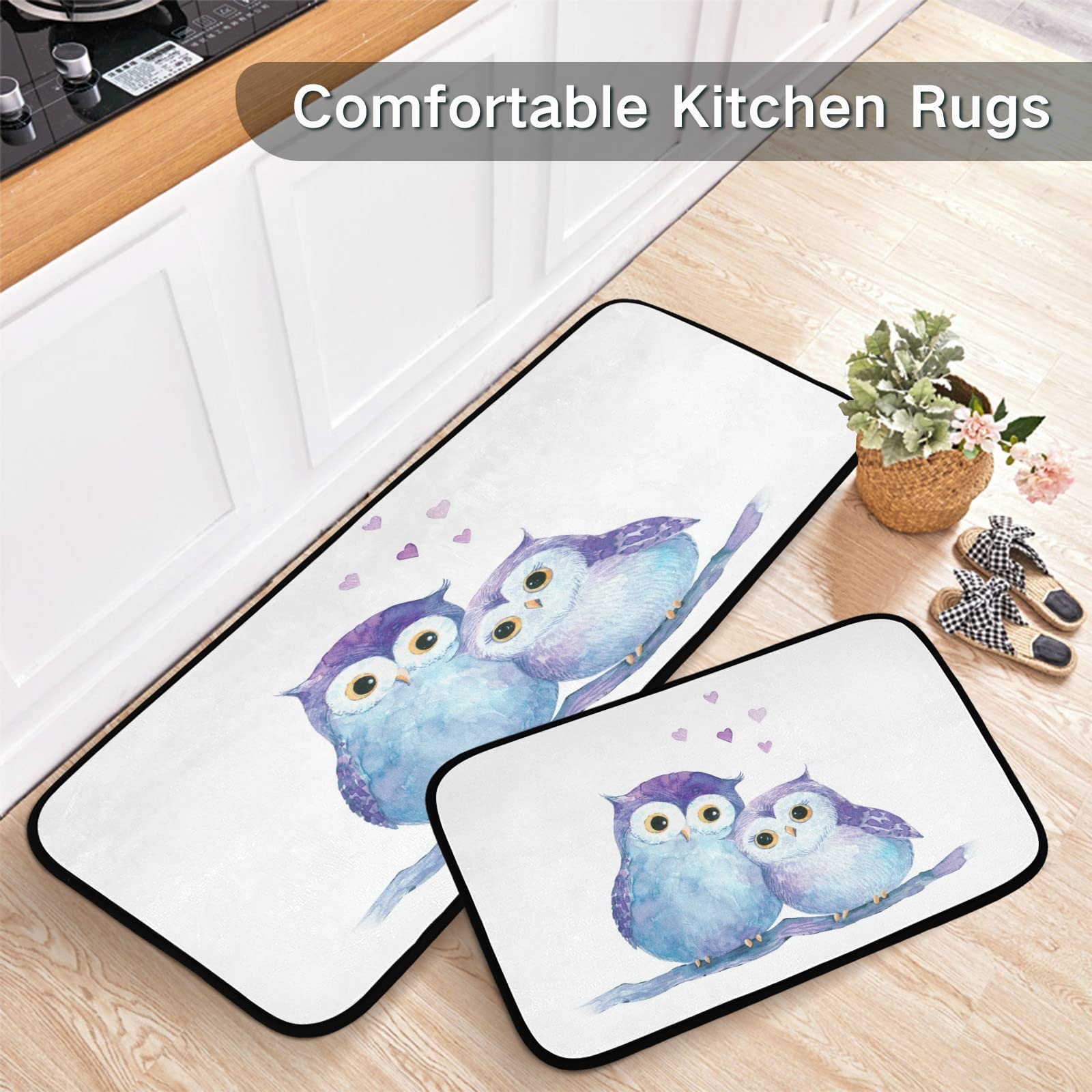 Non-Slip 2-Piece Kitchen Rugs Set with Cute Owl Design - Washable Anti-Fatigue Bathroom Floor Mats & Doormat (27