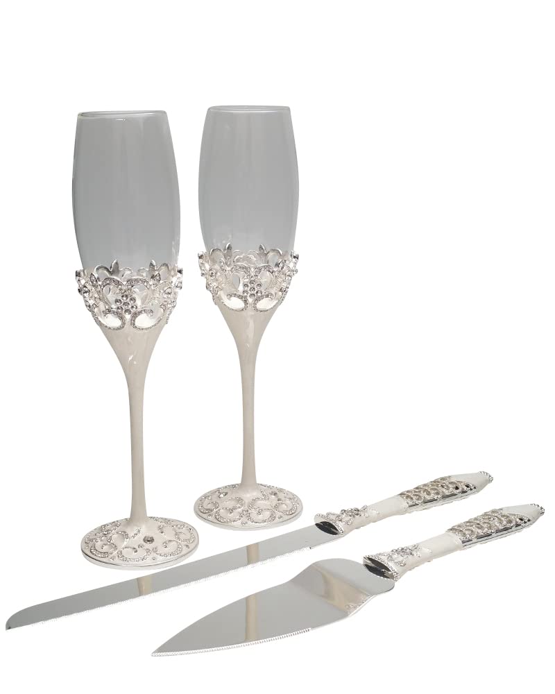 Lassos Boutique 4-Piece Wedding Champagne Flutes & Cake Knife Set - Silver Plated Bridal Toast Glasses and Pie Server for Wedding Reception, Bridal Shower, Anniversary Celebration