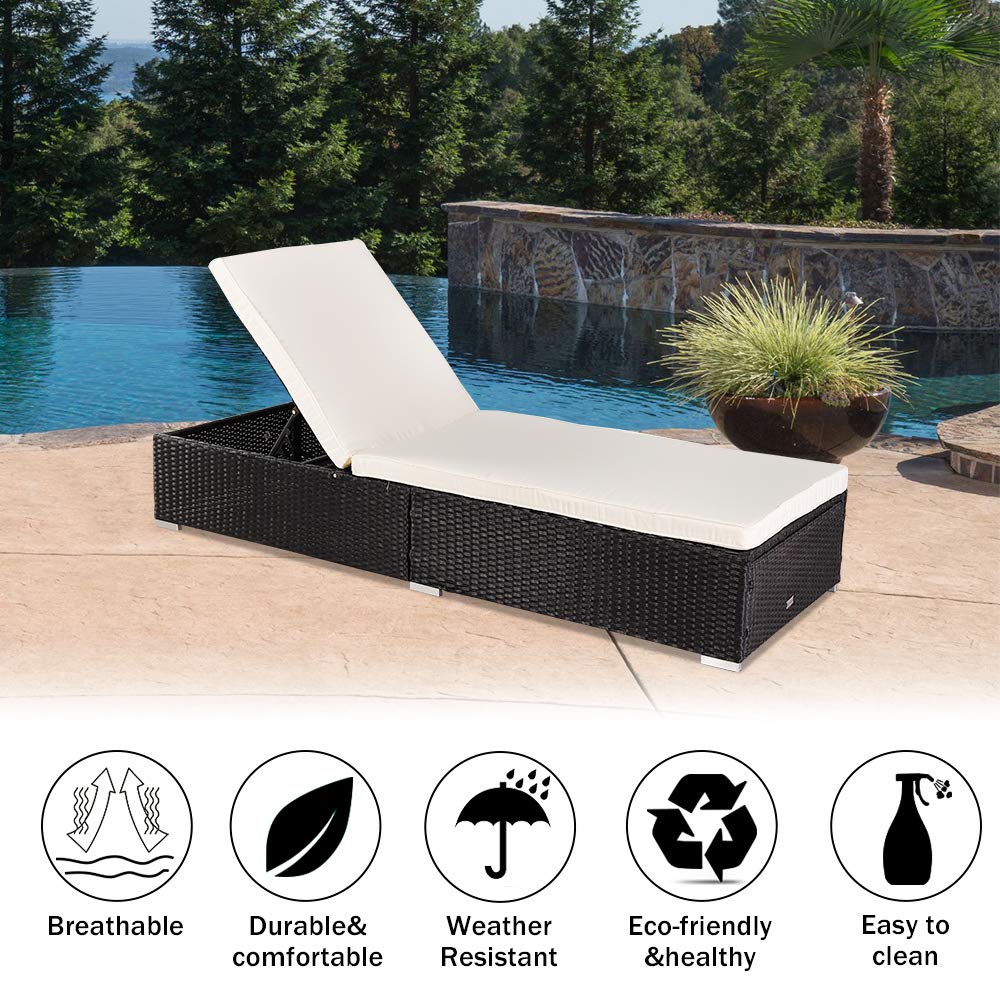 VINGLI Adjustable Wicker Patio Chaise Lounge Chair - All Weather Rattan Outdoor Daybed with Adjustable Backrest & Soft Cushions - Perfect for Poolside, Garden, Backyard Relaxation (Black)