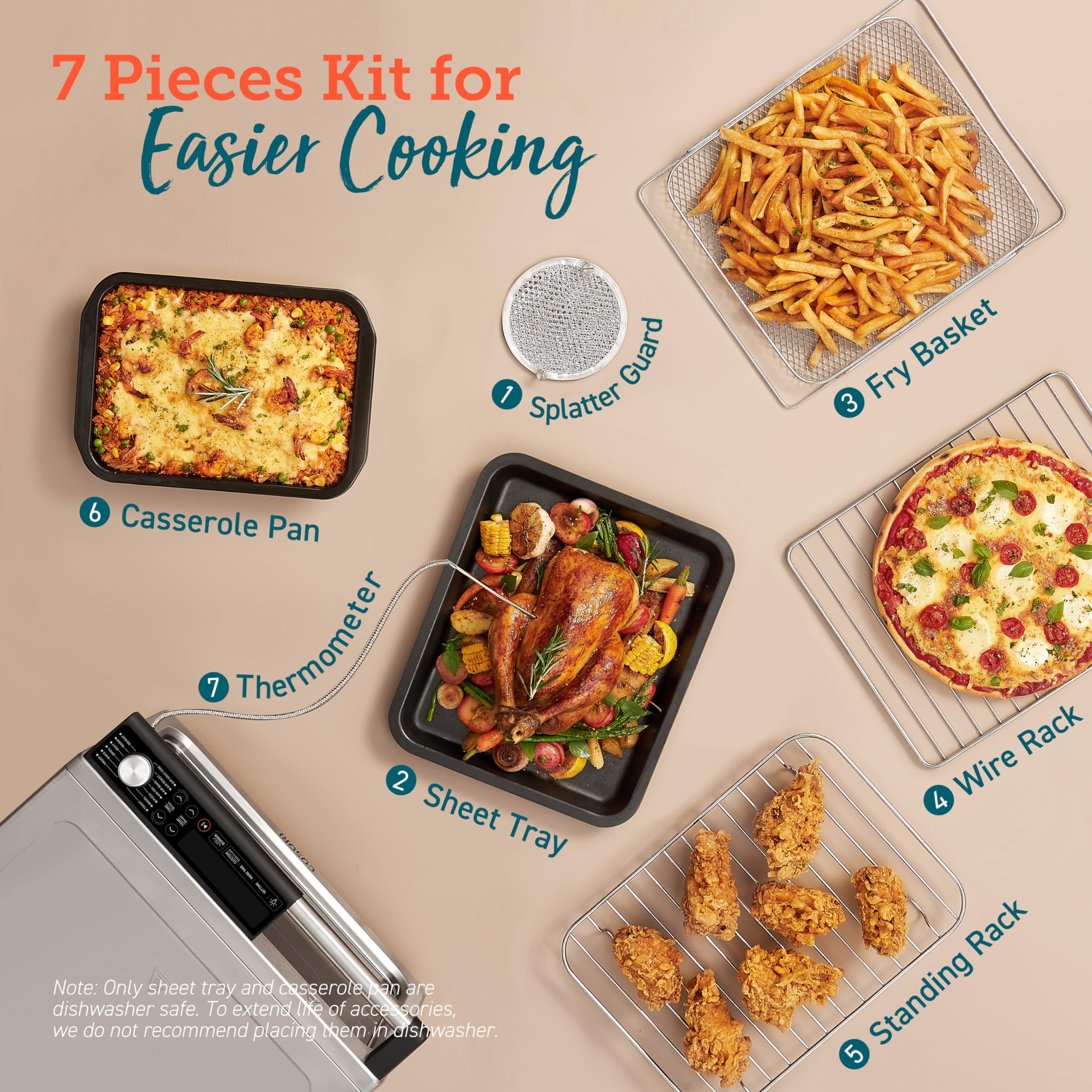 COSORI 13-in-1 Air Fryer Toaster Oven Combo with Ceramic Coating | 26QT Large Capacity | Flat-Sealed Heating Elements for Easy Cleaning | Includes 7 Accessories & Recipe Book | Stainless Steel Silver | Perfect for Baking, Roasting & Air Frying | Ideal for Family Kitchens & Small Spaces