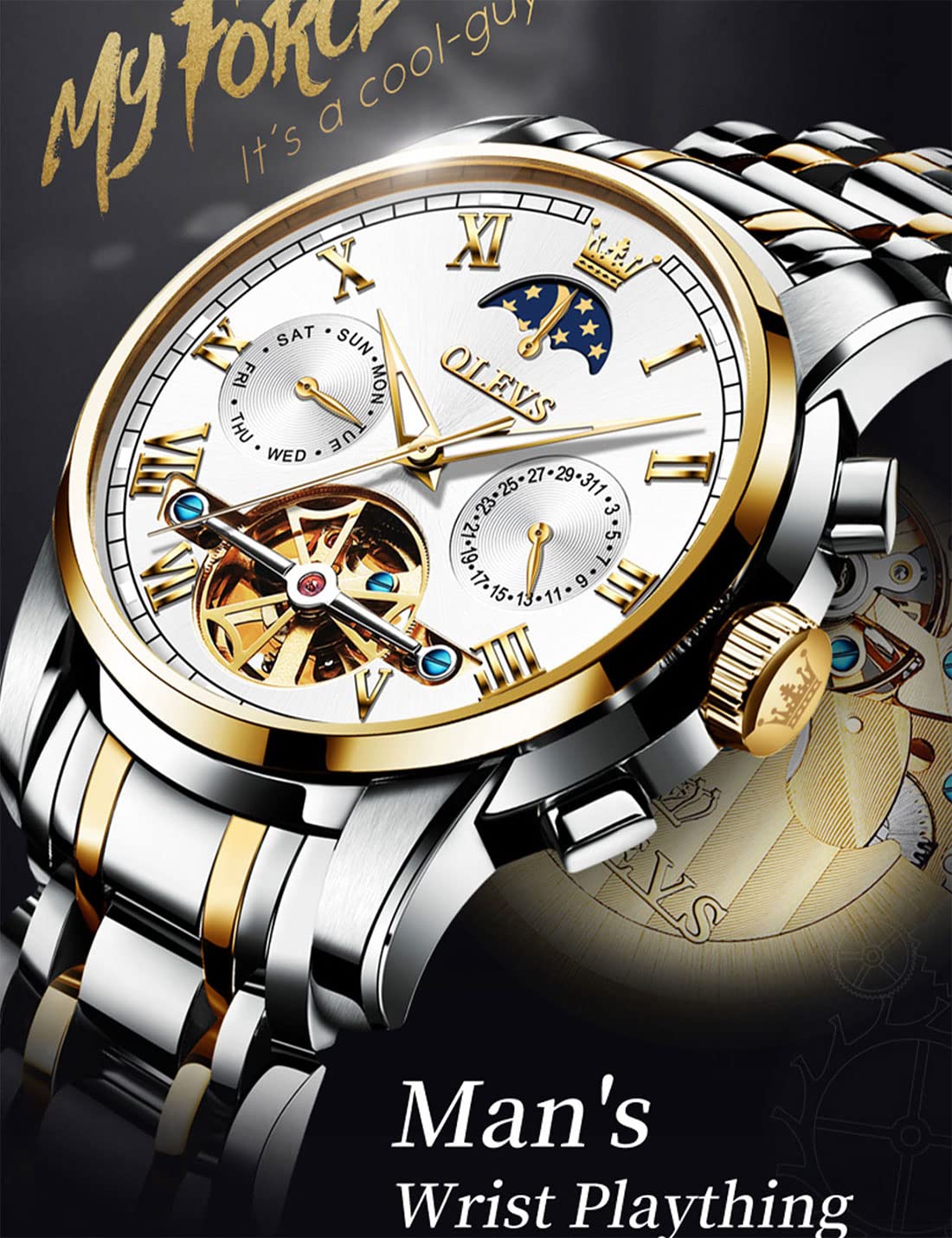 OLEVS Automatic Self-Winding Men's Watch with Date & Day Calendar, Stainless Steel Skeleton Tourbillon Watch - No Battery, Waterproof (30M) - Perfect for Business, Casual & Formal Occasions