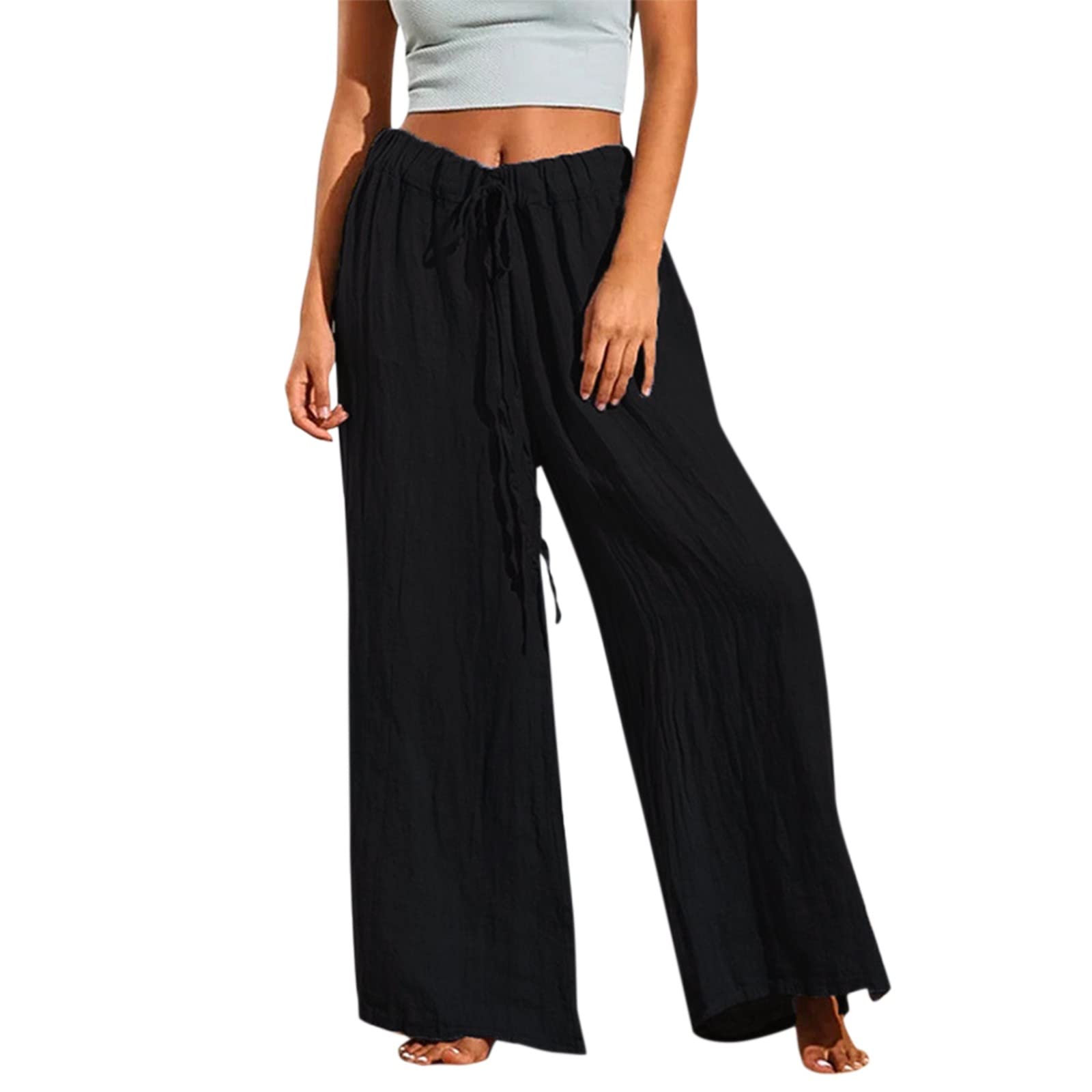 Women's Flowy Linen Pants - Loose Casual High Waist Drawstring Trousers with Side Slits | Breathable Summer Pants for Beach, Yoga & Lounge Wear