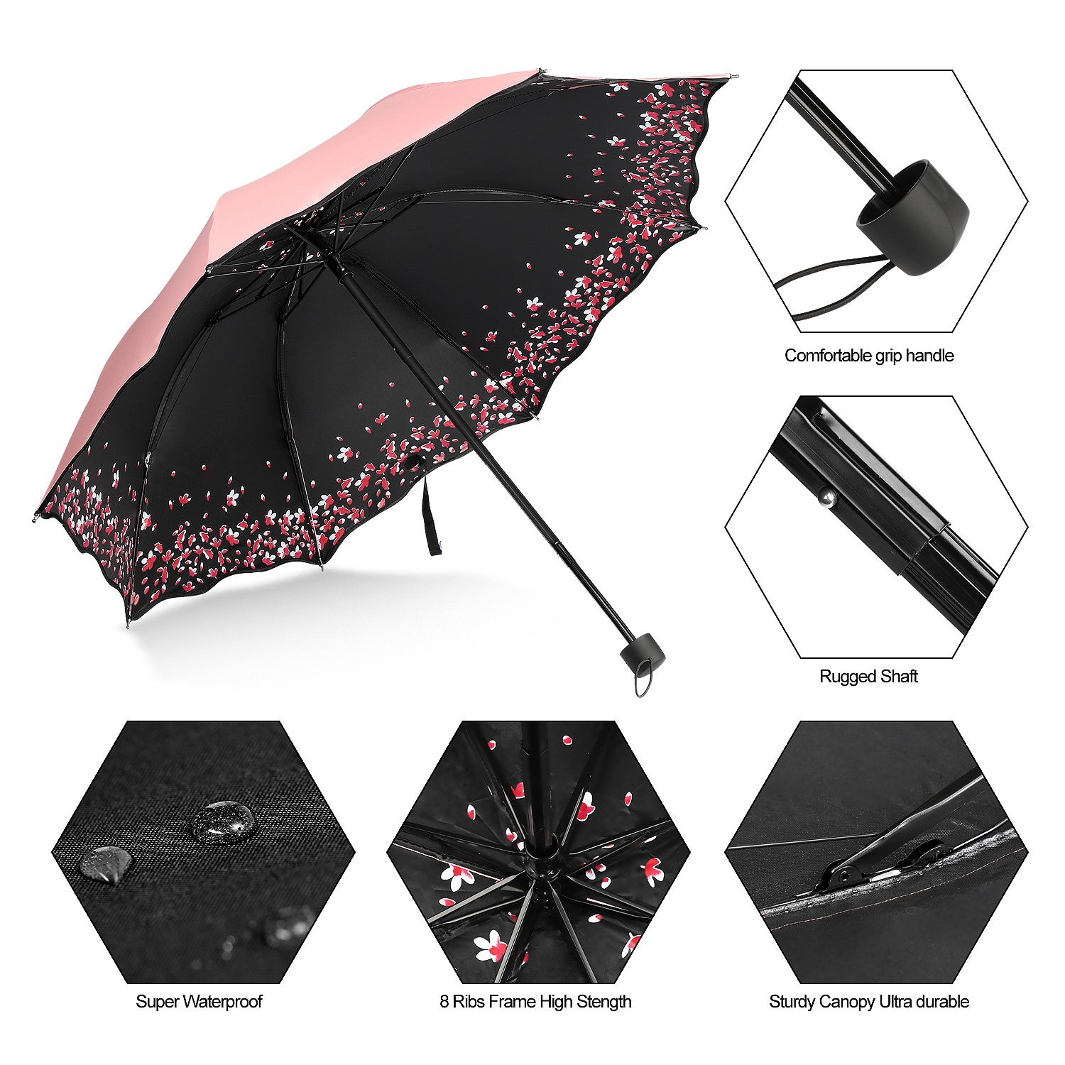 Windproof & UV Protection Cherry Blossom Folding Umbrella - Compact Travel Umbrella for Rain & Sun Shade - Perfect for Commuting, Outdoor Events & Travel Accessories