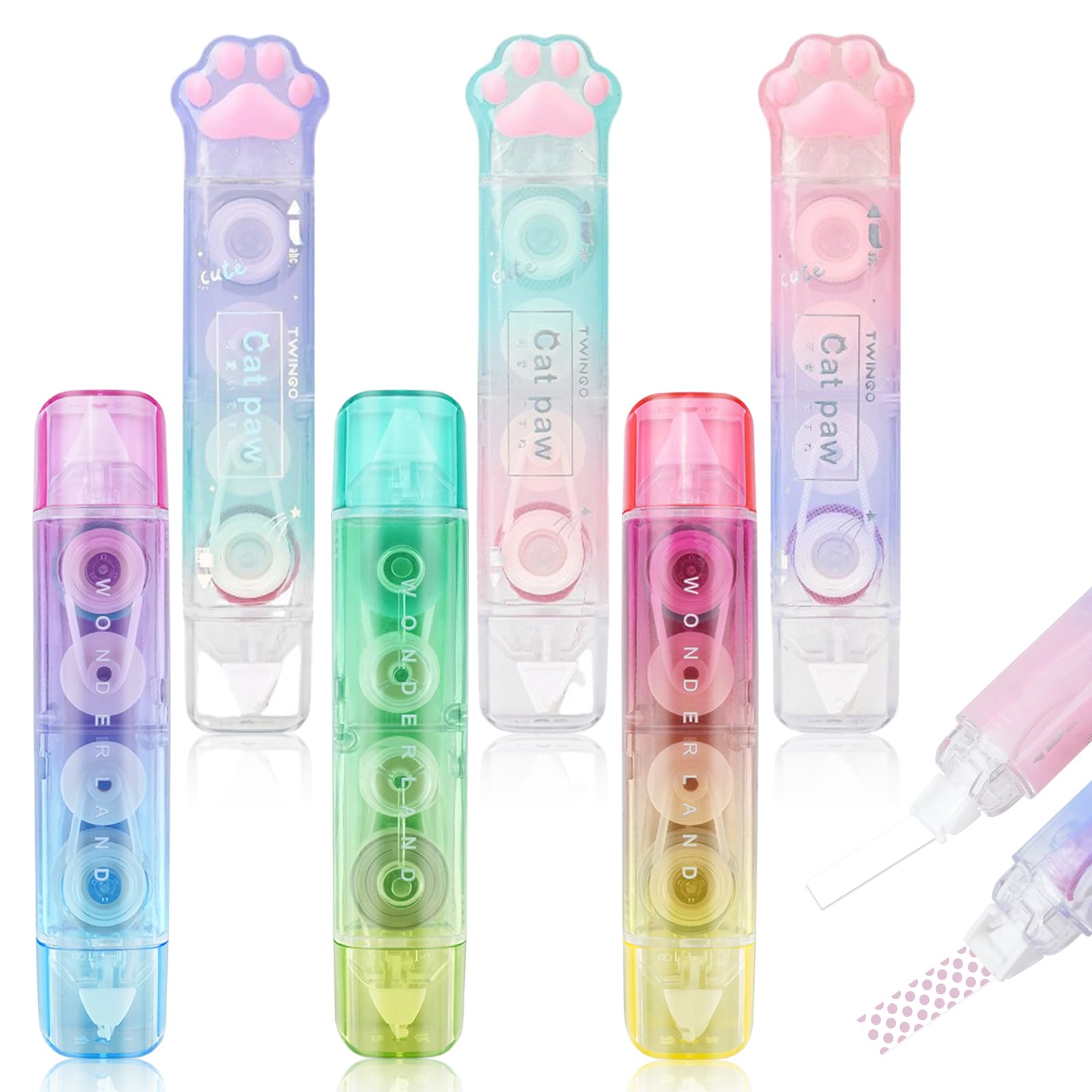 RETON 6-Pack White Correction Tape Set - 2-in-1 Correction Tape & Double-Sided Adhesive Roller with Cute Cat Paw Design - Perfect for School, Office, Scrapbooking & Craft Projects