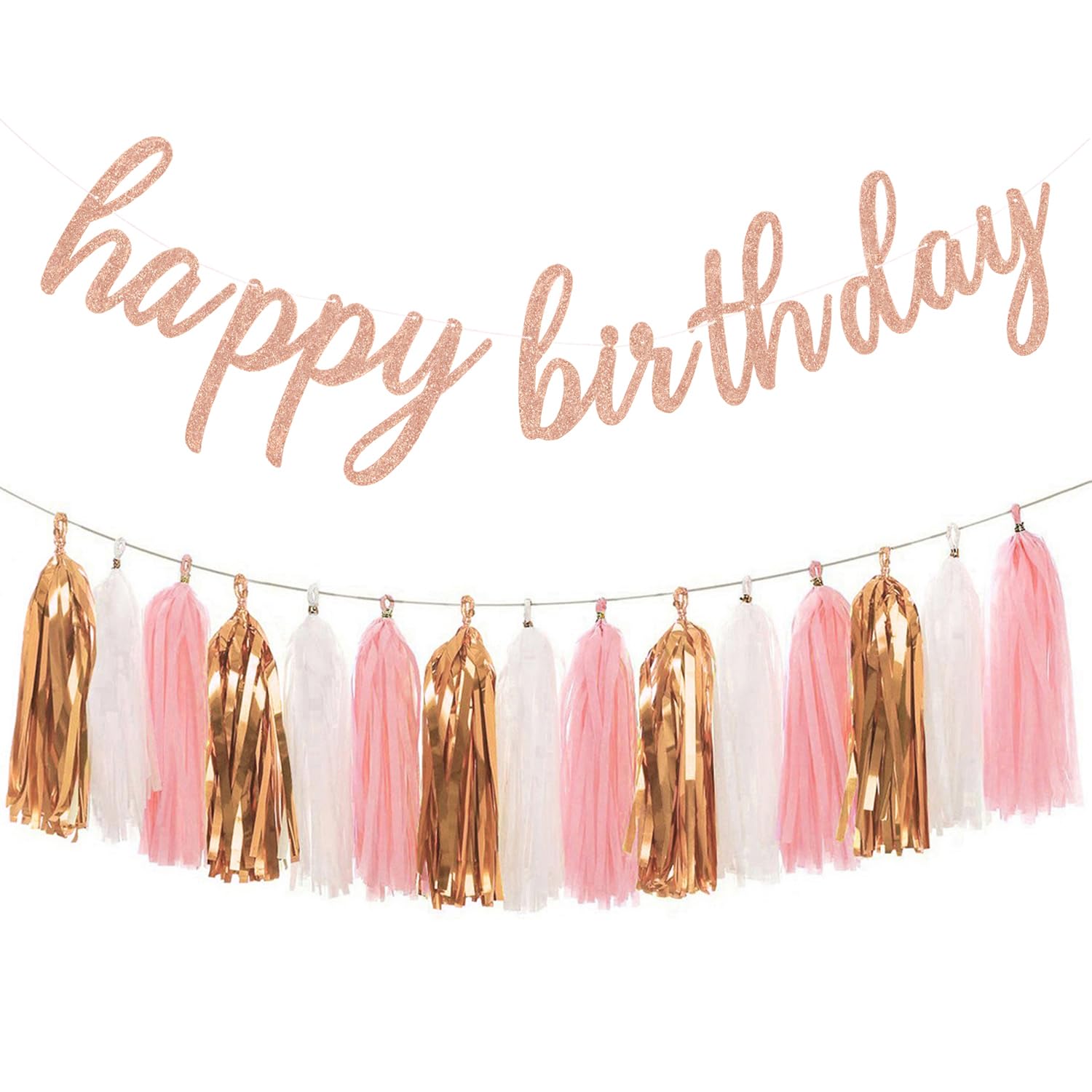 Rose Gold Happy Birthday Decorations - Glittery Birthday Banner & Tissue Tassel Garland for Party Decor | Perfect for Birthday Celebrations, Baby Showers & Anniversary Parties
