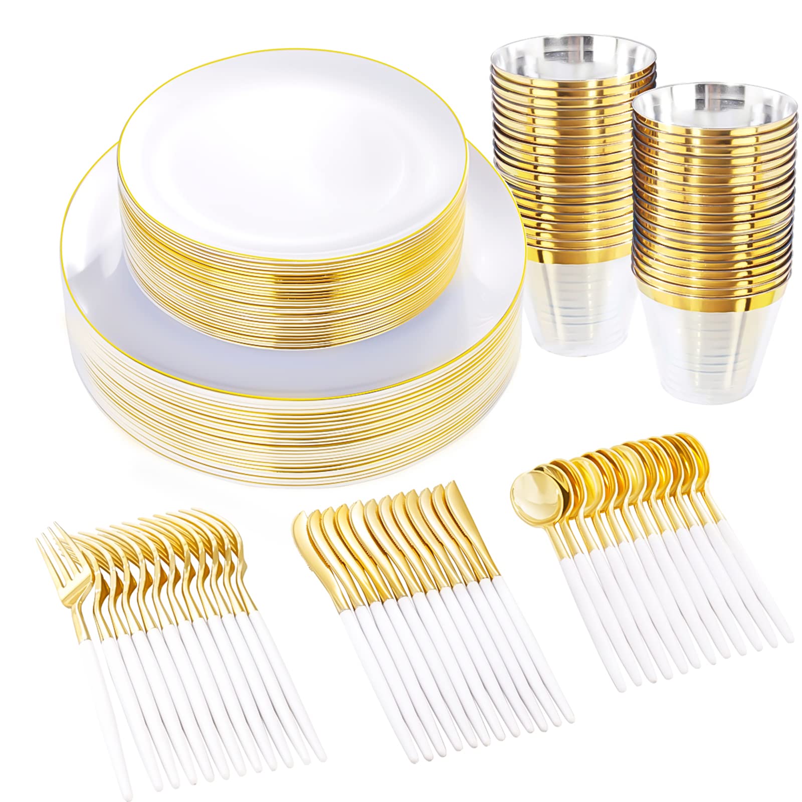 180-Piece Gold Plastic Dinnerware Set - Elegant White Plates with Gold Rim, Disposable Cutlery with White Handles & Solo Cups for 30 Guests | Perfect for Weddings, Birthday Parties, Baby Showers & Formal Events