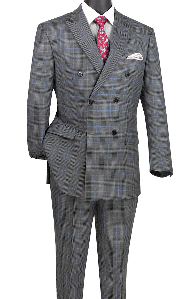 2 Piece Double Breasted Windowpane Suit for Men - Charcoal Gray Business Formal Attire | Perfect for Weddings, Office Meetings & Special Occasions
