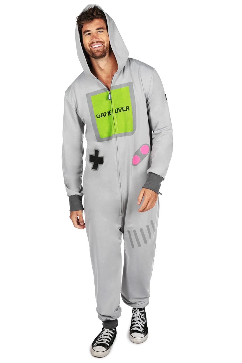 80s 90s Retro Halloween Costume for Men - Gray Gaming Controller Jumpsuit with Classic Gaming Theme | Tipsy Elves | Perfect for Halloween Parties, Cosplay Events & Video Game Conventions