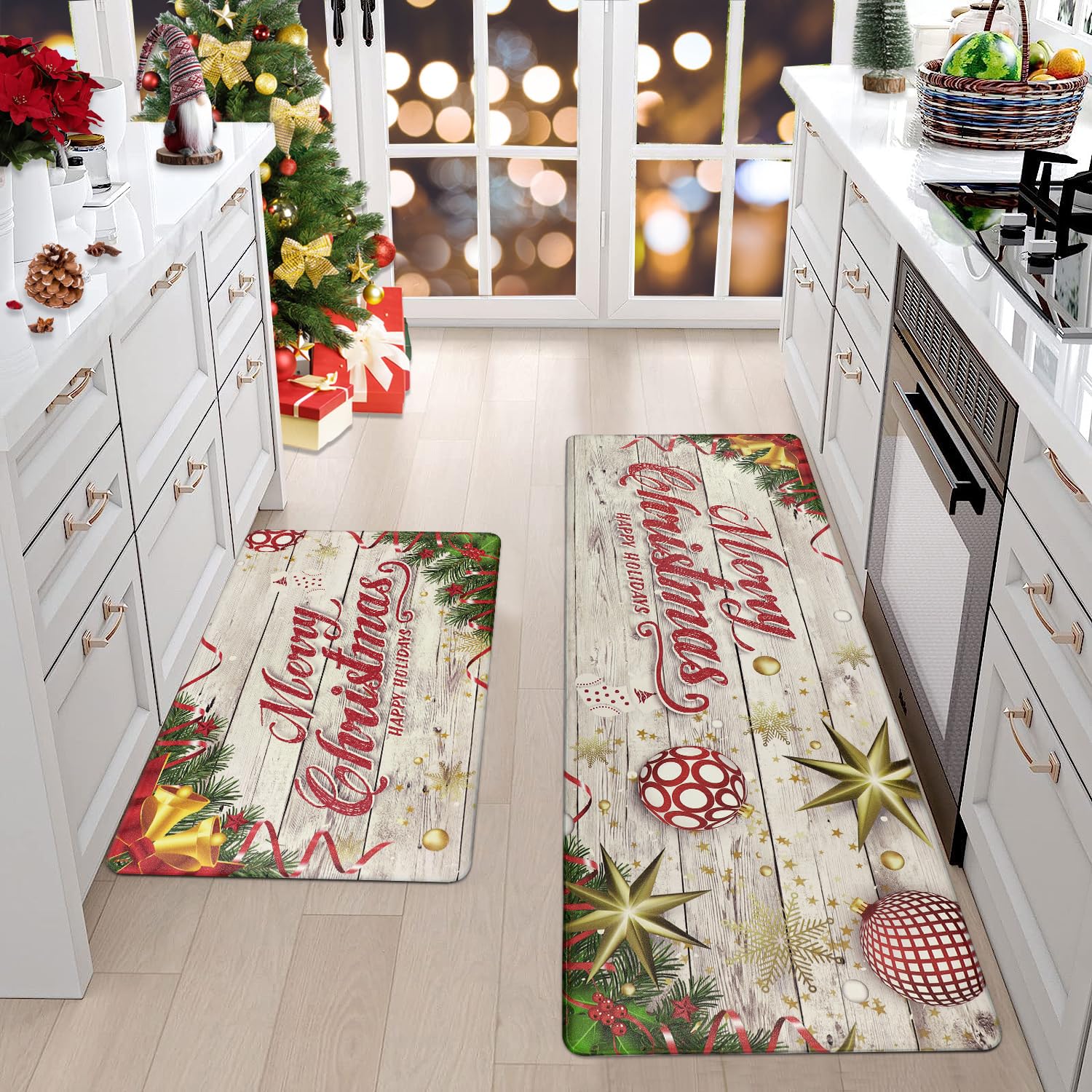 2-Piece Christmas Kitchen Rug Mat Set - Anti-Fatigue Non-Slip Cushioned Floor Mats, Waterproof & Wipeable for Holiday Decor - Perfect for Kitchens, Entryways, and Festive Home Decor