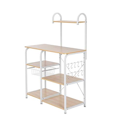 35.5 Inch Light Beige Kitchen Baker's Rack - 4-Tier Microwave Stand with 10 Hooks & Spice Rack Organizer - Sturdy Utility Storage Shelf for Small Spaces, Pantry Organization & Kitchen Workstation
