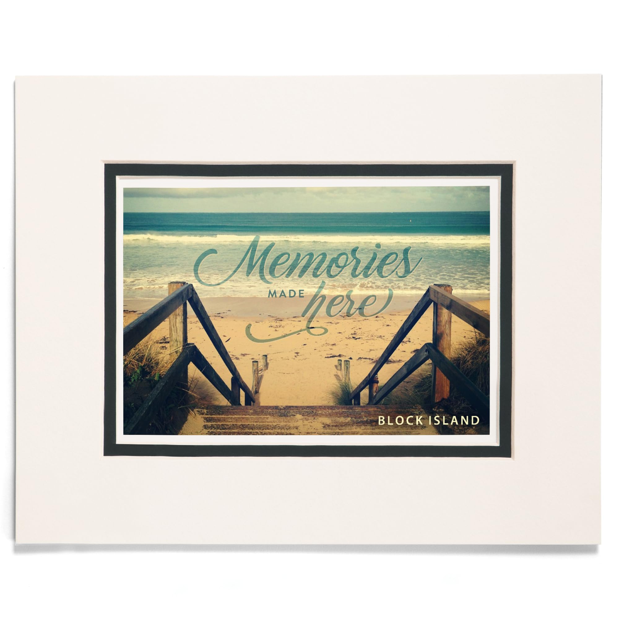Lantern Press 8x10 Inch Matted Art Print - Block Island Rhode Island Coastal Wall Decor - Sandy Stairs Beach Landscape Painting - Perfect for Living Room, Bedroom or Office Decor