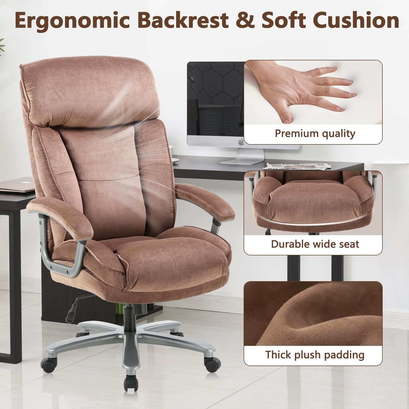 CLATINA Ergonomic Big and Tall Executive Office Chair - 400lbs Weight Capacity, Adjustable Height, Thick Padding with Headrest & Armrest - Upholstered Swivel Chair for Home Office (Beige) - Perfect for Long Work Hours and Comfortable Workspace Setup