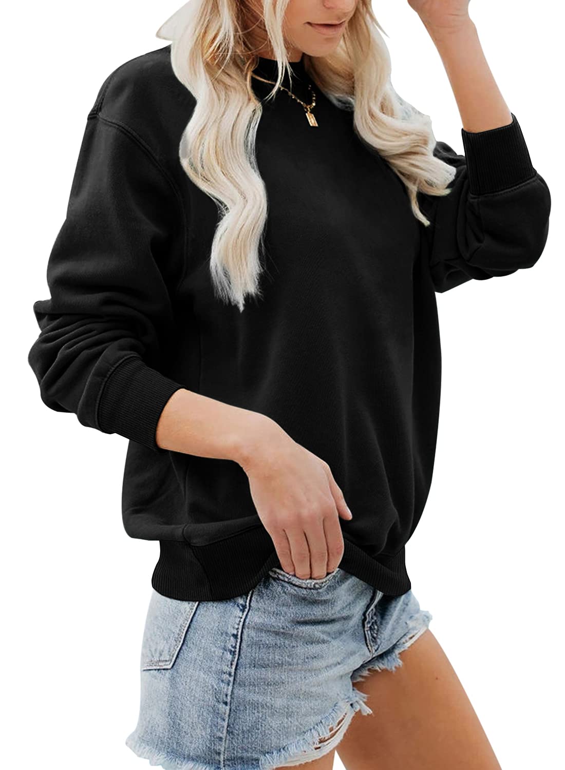 Women's Casual Crewneck Sweatshirt - Long Sleeve Loose Fit Soft Pullover Top in Black | Perfect for Everyday Wear, Lounging & Fall Layering