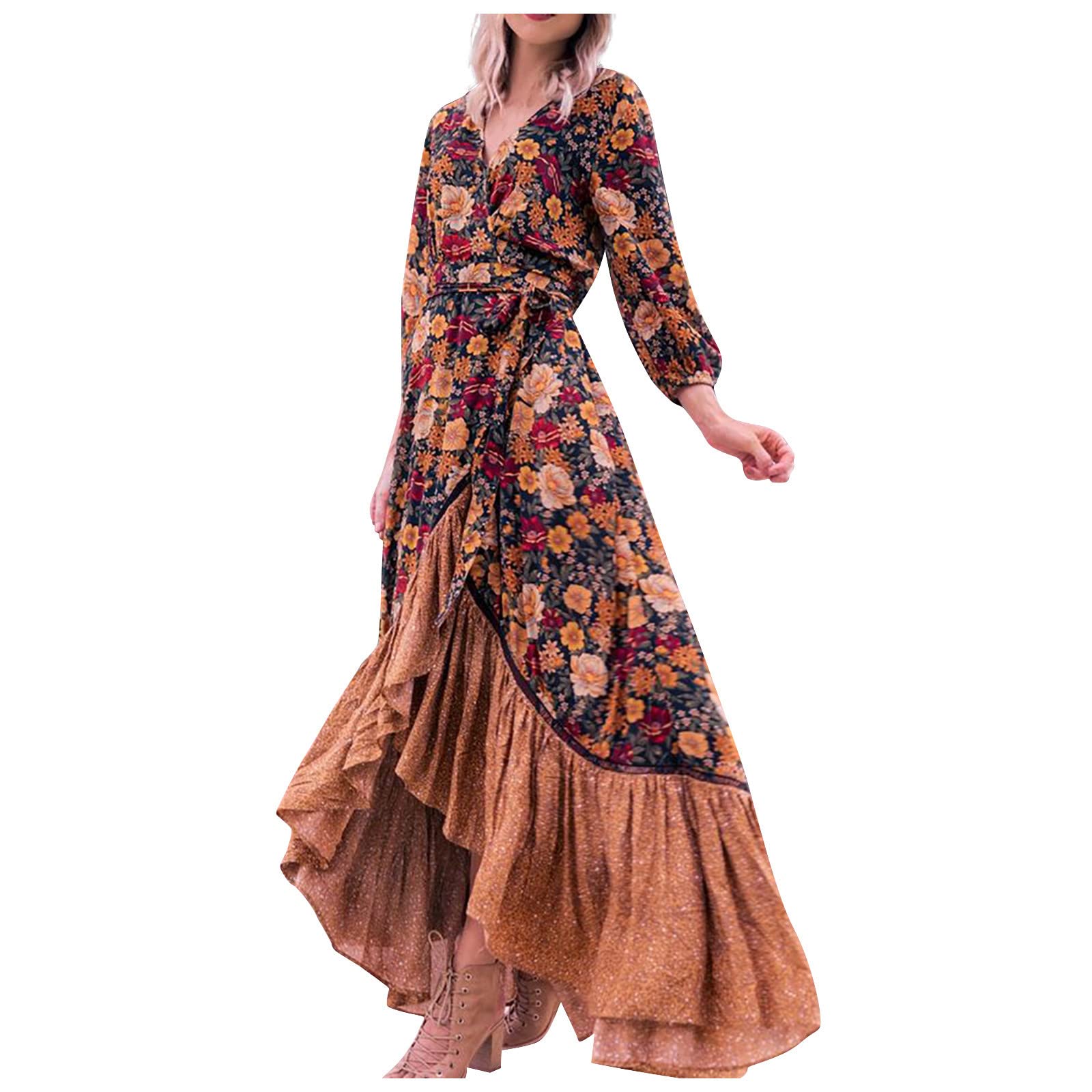 Women's Floral Print Long Sleeve Retro Dress - Loose Fit Sexy Maxi Dress for Casual Wear, Date Night & Spring Fashion