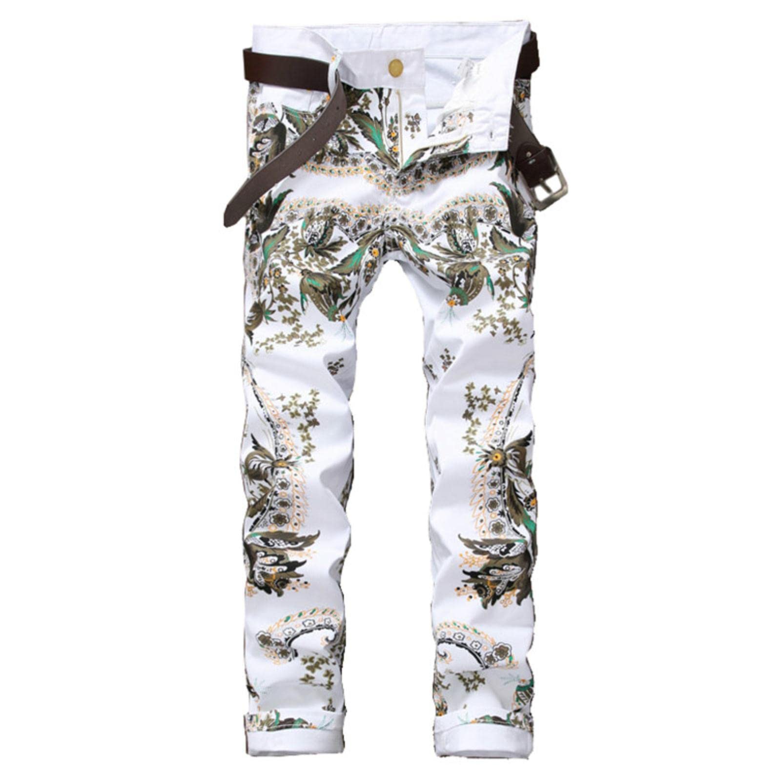 Men's Skinny Stretch Jeans - 3D Floral Printed Slim Fit Stretch Denim Pants for Spring | Trendy White Washed Jeans for Casual Wear, Dating & Night Out