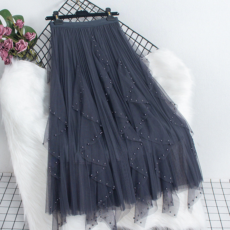 Beaded Petal Mesh Skirt - High Waist Midi Swing Skirt for Women, Elegant Floral Lace Design, Plus Size Large, Perfect for Parties, Weddings & Special Occasions