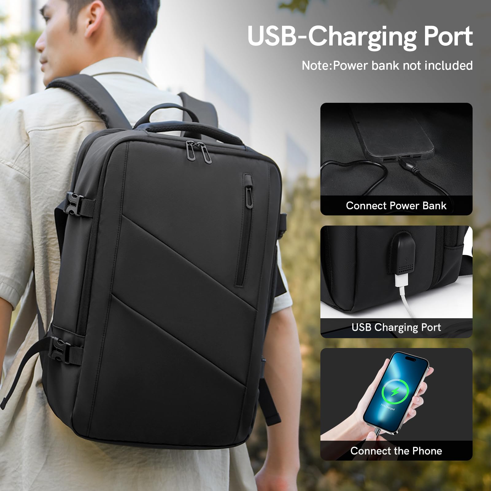 VGOAL 26-44L Expandable Travel Laptop Backpack for 17.3 Inch Laptop - Water-Resistant Business Rucksack with USB Charging Port - Perfect for Airplane Carry-On, Weekender Trips & Daily Commute (Black)