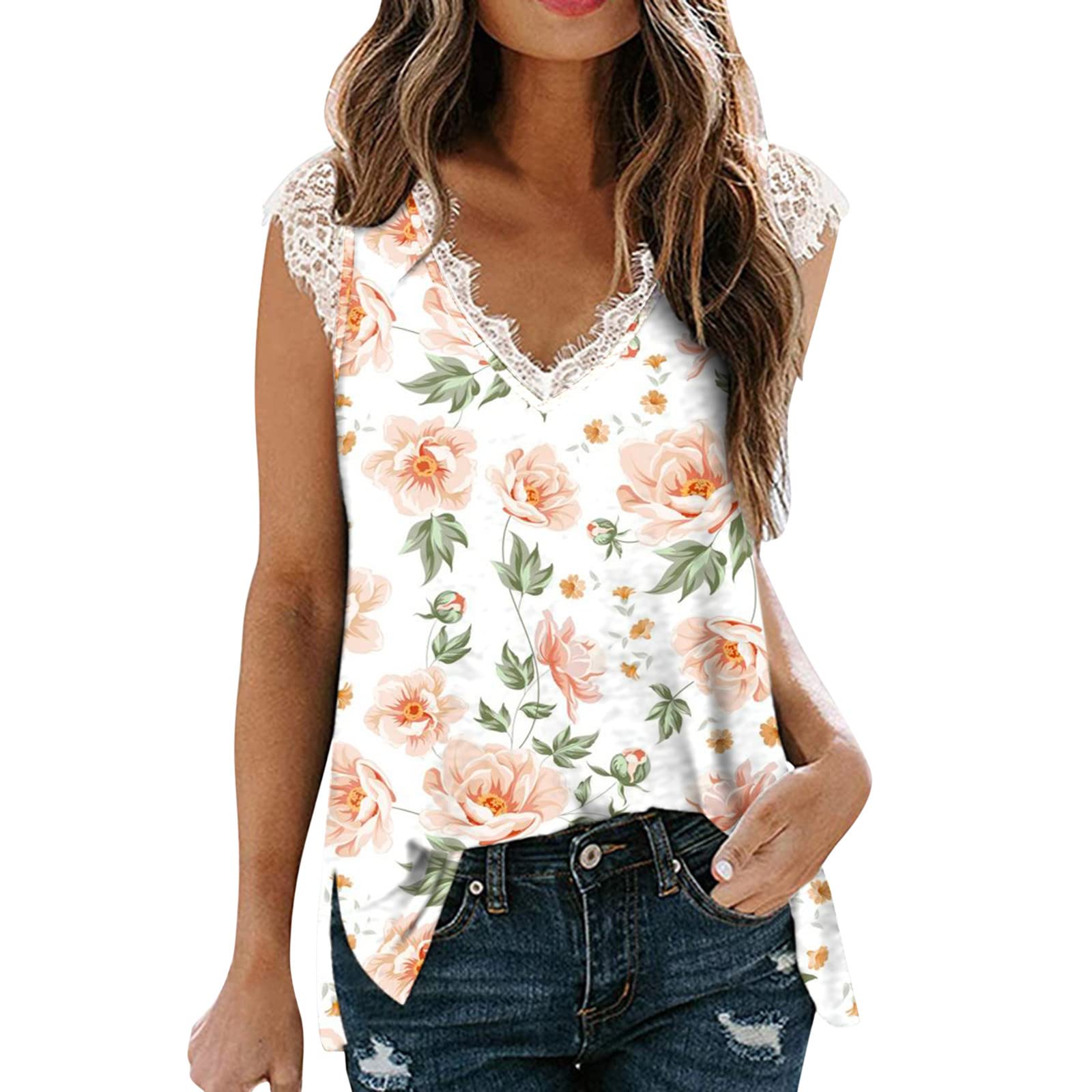Women's V-Neck Lace Tank Top - Summer Sleeveless Loose Fit Tunic Blouse with Side Slits | Casual Camisole for Beach, Yoga & Everyday Wear